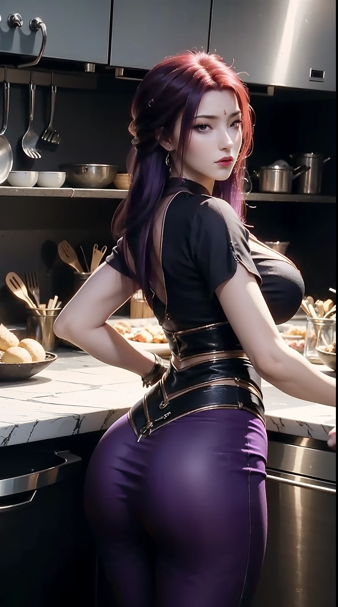 A beautiful sexy young woman, as a chef,she is wearing chef clothes,tight clothes,in a kitchen,cooking something,big boobs, big ass, sexy figure, thin waist, sexy expression, posing for picture, long purple hair,straight hair,