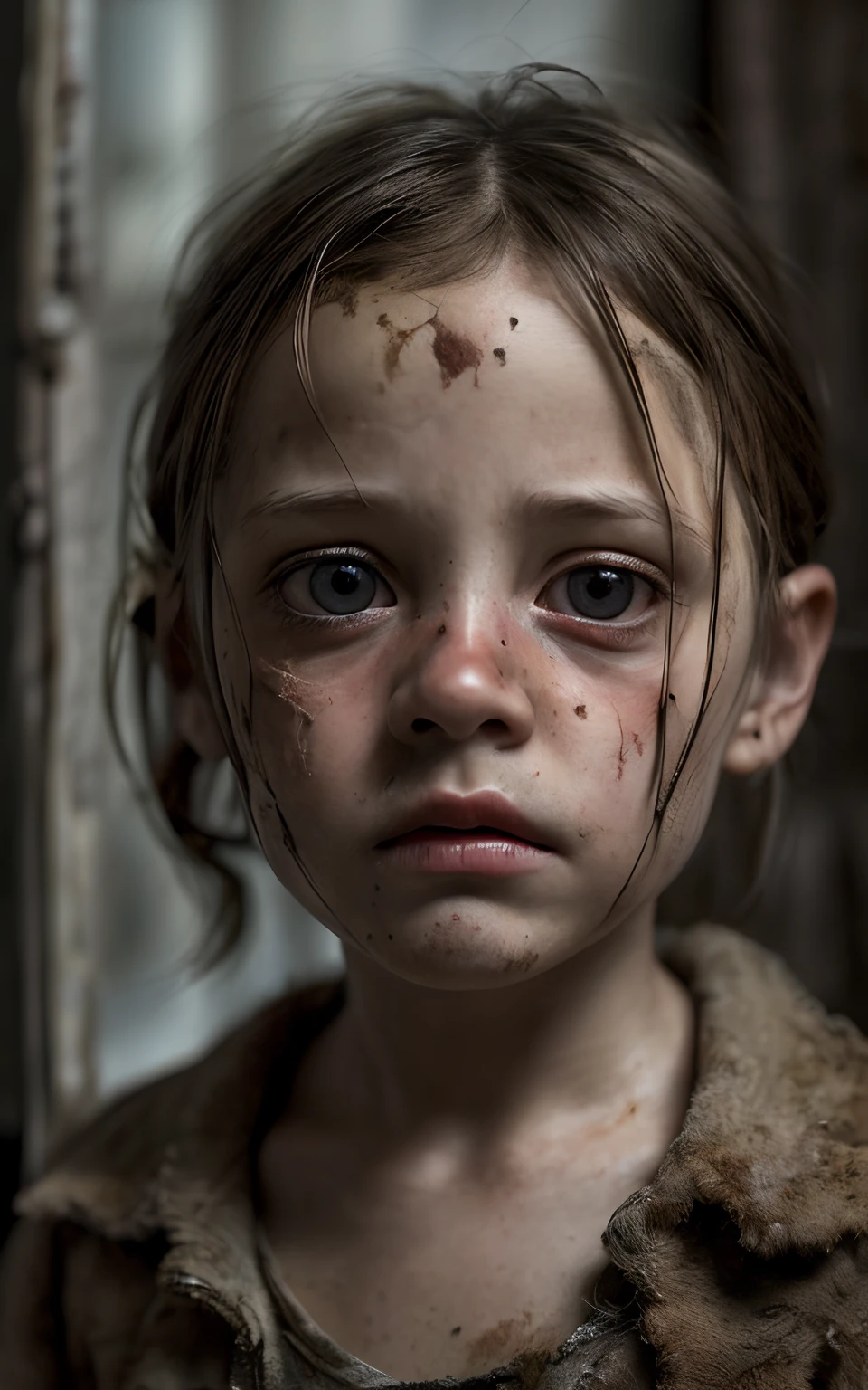 (((best quality))), high detail, depth of field, Focus: 1.2, postapocalyptic  girl with Teddy Bear toy, weary eyes, fine eyes, tattered and rotted clothing, Hair is unkempt and tangled, skin is marred with grime and dirt, abandoned, gloomy room with a broken window, detailed face and eyes is sad and scared, ((masterpiece)), (realistic photo:1.5), (((high resolution illustration))), (((extremely detailed))), dramatic shadows, cinematic