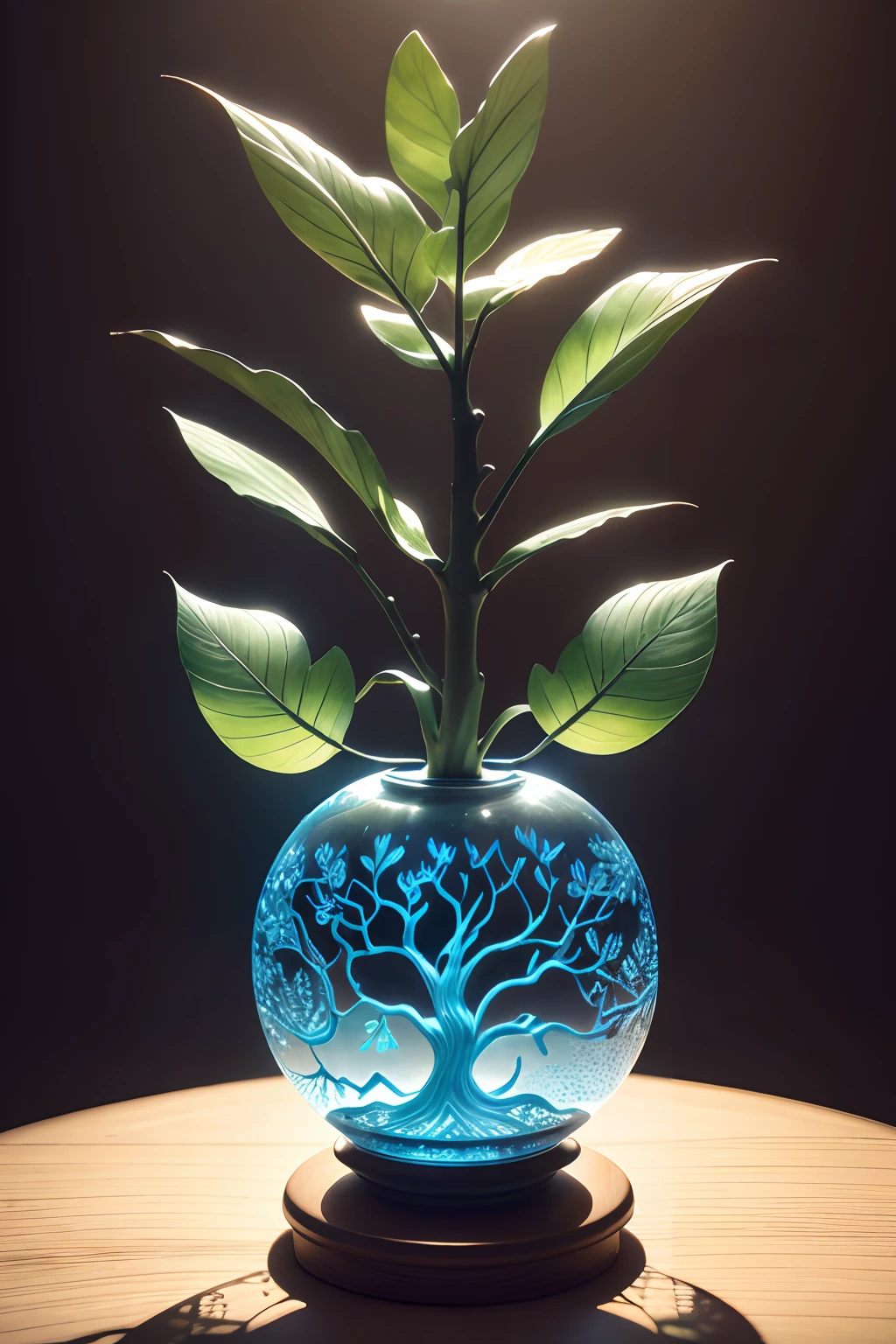 Lifelike Tree, Stagnant Indoor Air, Fresh Outdoor Air, Contrasting Air Quality, Realism, René Lalique, The Tree of Life, Macro close-up, backlit