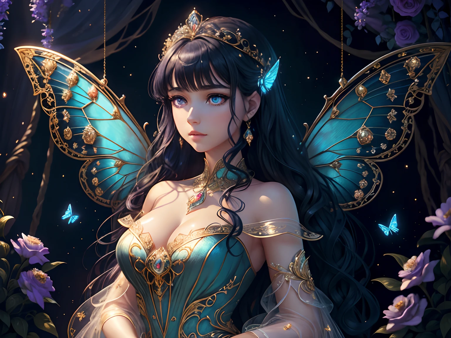 This is、It's a masterpiece of realistic fantasy with lots of sparkles, Glitter, and intricate ornate details. Produces one petite woman with a beautiful delicate crown sitting on a garden swing at night. She is a beautiful and seductive butterfly queen with stunning curly dark blue hair, (((Incredibly realistic and detailed dynamic eyes in bright colors with realistic shading))). Her skin is translucent white, Her eyes are shining, And her dress is elegant. Her dress is spun with delicate and finest gossamer silk, Convoluted, Delicate floral details and gold silk butterfly sleeves. Her face is lovely and lonely. Include flowers that glow in the dark, Lots of particles, Highly realistic fantasy butte fly with translucent gem-colored wings and fine details, And shine. Artwork done in the style of Guviz、Trending fantasy titles from Artstation and Midjourney、Reminds of the masters of this genre. camera: Using dynamic composition techniques、Emphasizes ethereal delicacy and delicate details, Blunt Bangs, purple eyes