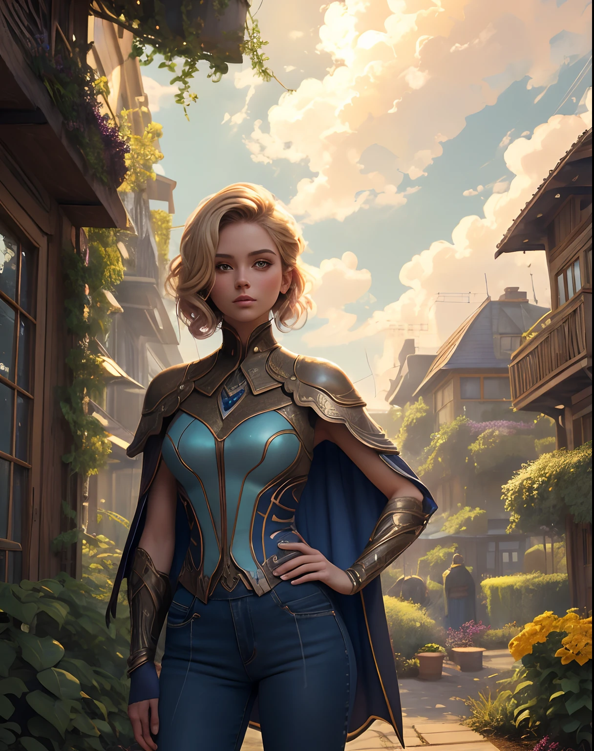 Drawing, hand drawn, beautiful detailed scene of a 25 year old woman wearing futuristic insectoid beetle shell as clothing, cape, beautiful deep blue, dusk scene, clouds, trendy, hands on hips, power pose, masterpiece, gem center, modest, traditional art, handdrawn, woman, cute hairstyle, messy hair, gradient on the hair, short blonde hair, magenta t-shirt, denim vest, old garden background with planter boxes and bushes, hands on hips, muted colors, by Loish