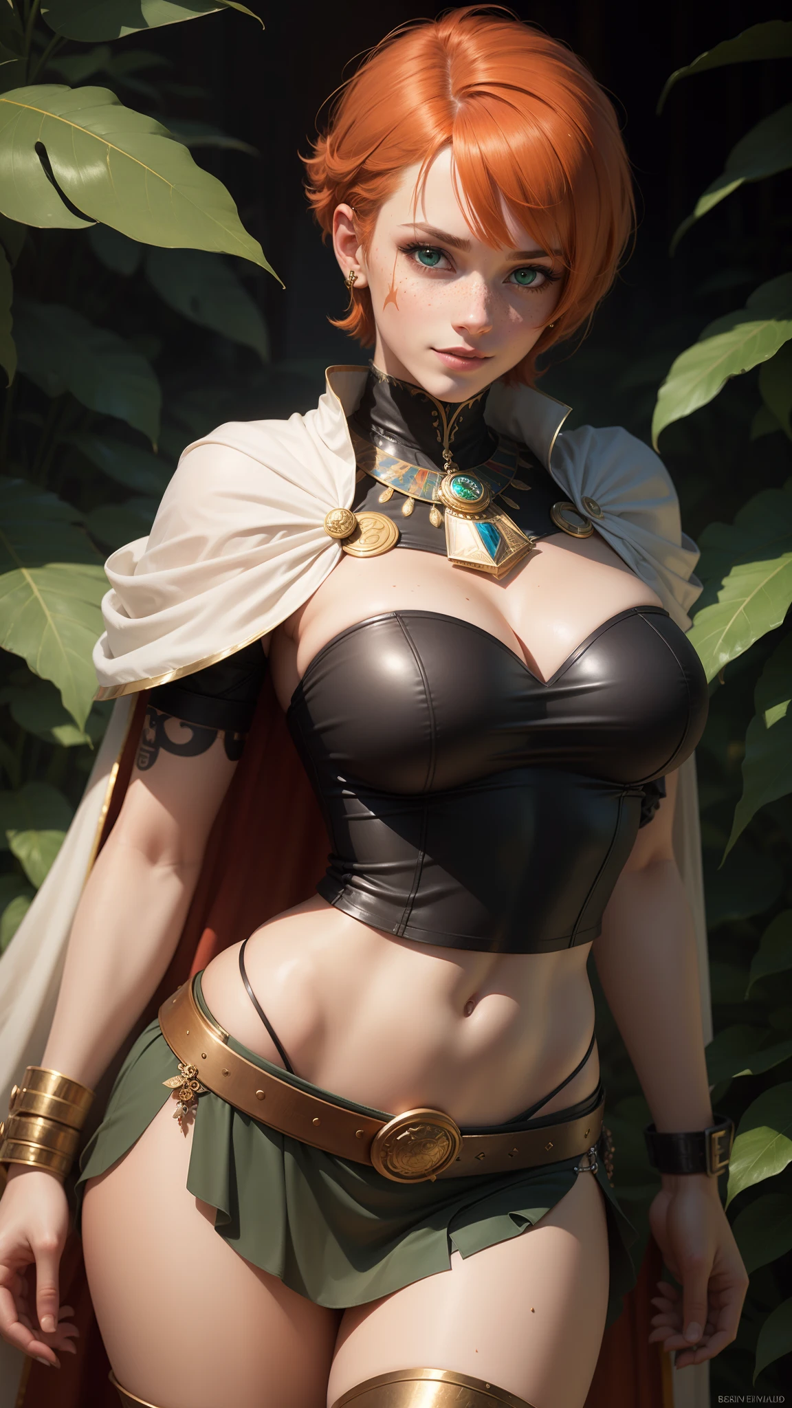 gwen tennyson,tracer,bulma,rebecca chambers,1girl,close up,mayan female with face paint,medieval armor,gold neck jewelry,body paint,short hair,long egyptian blouse,feathers,ceremonial cape,egyptian belt,medieval skirt,mayan jungle,gold,amulets,tribal piercings and tattoos,mayan city,green eyes,orange hair,shy smile,freckles,redhead,beautiful girl,large breasts,thigh high boots,ultra detailed,realistic,fantasy art,