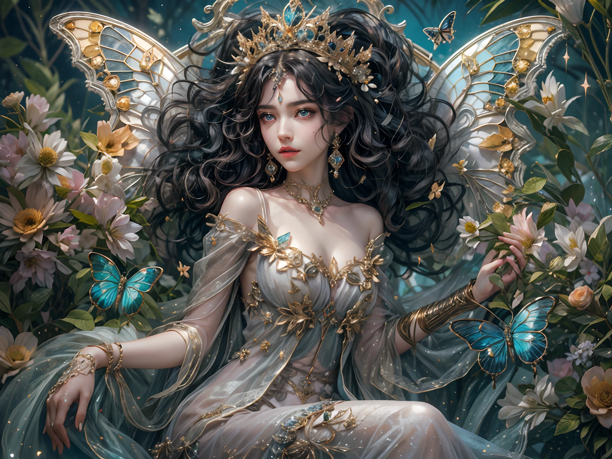 This is、It's a masterpiece of realistic fantasy with lots of sparkles, Glitter, and intricate ornate details. Produces one petite woman with a beautiful delicate crown sitting on a garden swing at night. She is a beautiful and seductive butterfly queen with stunning curly black hair, (((Incredibly realistic and detailed dynamic eyes in bright colors with realistic shading))).  Her skin is translucent white, Her eyes are shining, And her dress is elegant. Her dress is spun with delicate and finest gossamer silk, Convoluted, Delicate floral details and gold silk butterfly sleeves. Her face is lovely and lonely. Include flowers that glow in the dark, Lots of particles, Highly realistic fantasy butte fly with translucent gem-colored wings and fine details, And shine. Artwork done in the style of Guviz、Trending fantasy titles from Artstation and Midjourney、Reminds of the masters of this genre. camera: Using dynamic composition techniques、Emphasizes ethereal delicacy and delicate details.