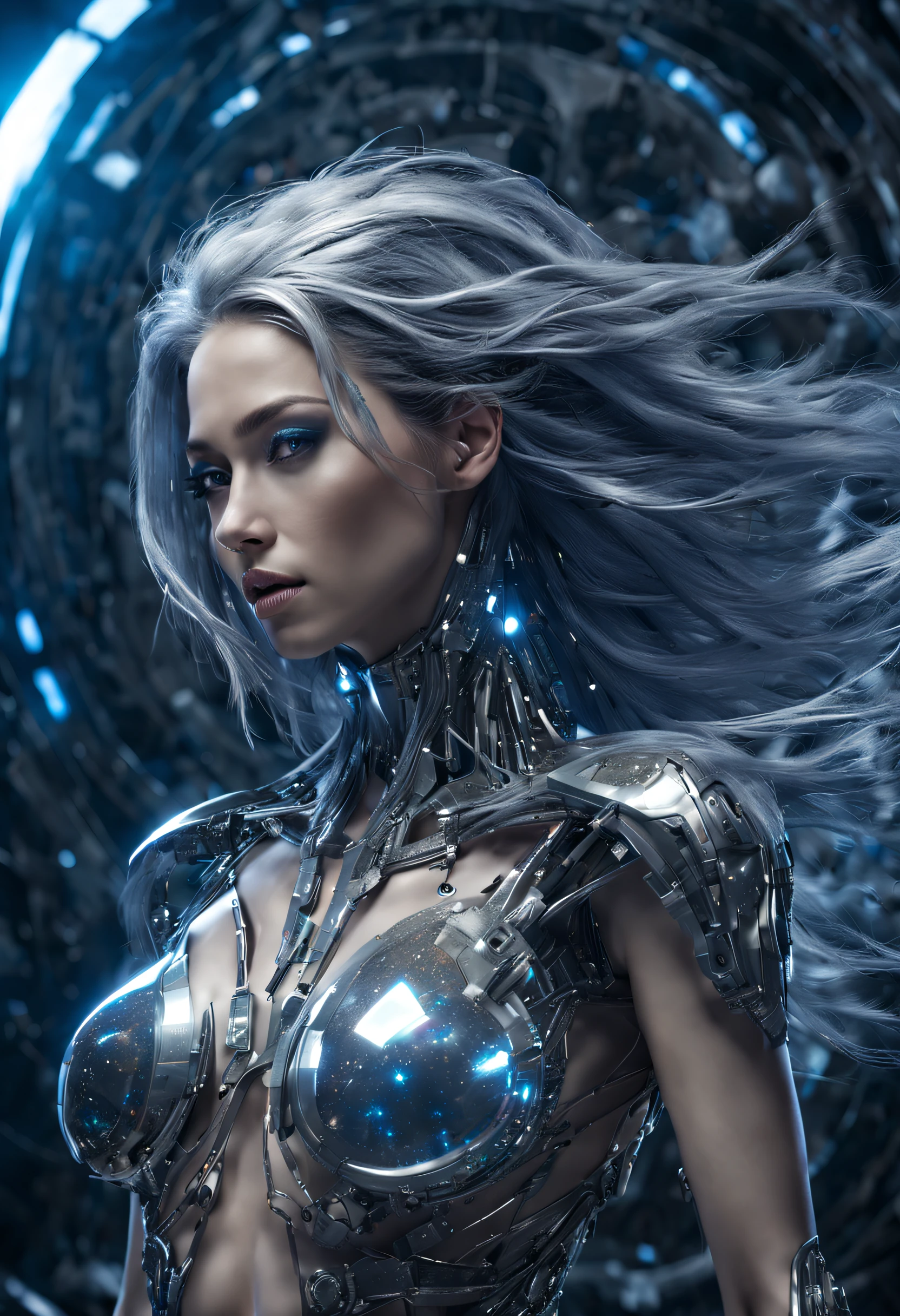 studio photo, beautiful woman half robotic metal with iridescent hair, standing alone, fragrealitytech, universe, scifi, shattered warped reality , refractions, space time , clock, giga woman, silver glowing hair , strange fantasy image, odd glowing rocks, beautiful, detailed, long flowing hair, medium breasts, great skin texture