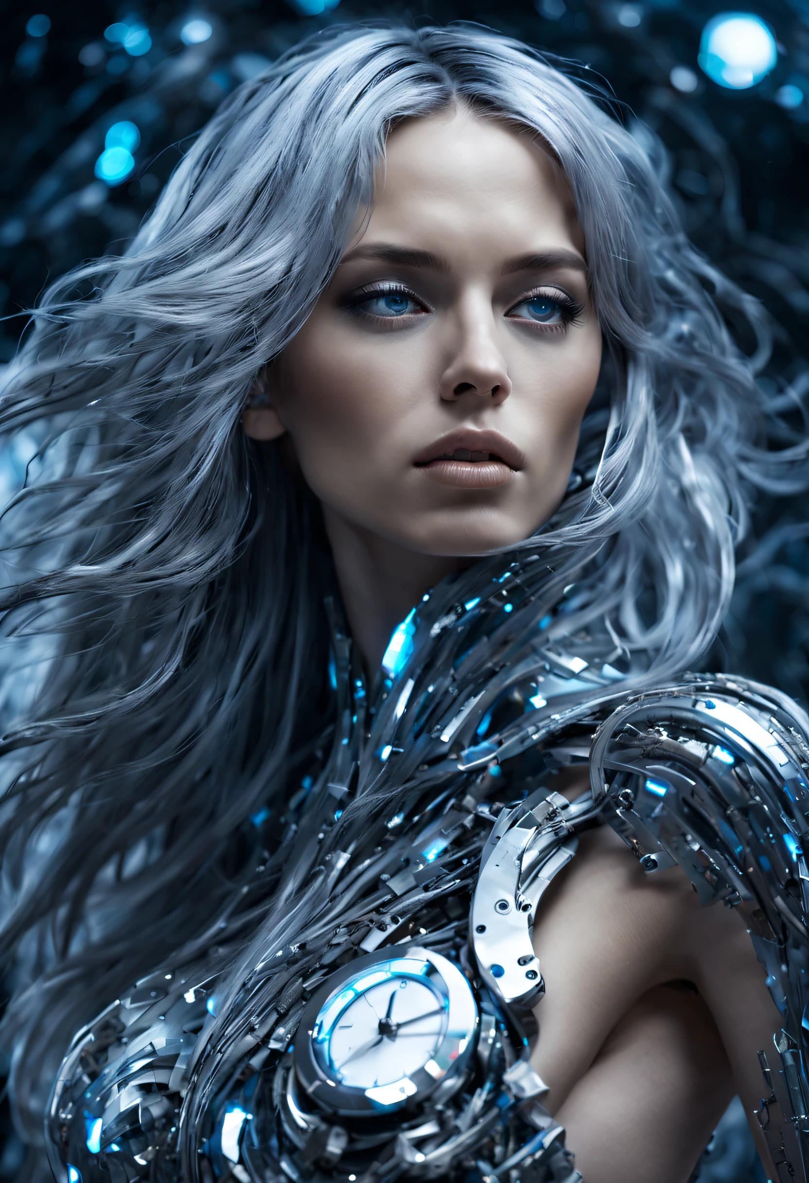 studio photo, beautiful woman half robotic metal with iridescent hair, standing alone, fragrealitytech, universe, scifi, shattered warped reality , refractions, space time , clock, giga woman, silver glowing hair , strange fantasy image, odd glowing rocks, beautiful, detailed, long flowing hair, medium breasts, great skin texture