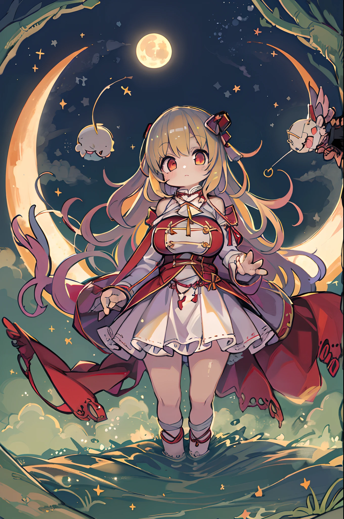 girl, looking at you, Face, High quality, Radiant, natta, red velvet,under big full moon、Looking up at the moon、fullmoon、((((huge-breasted)))),Chibi、Ultramammy