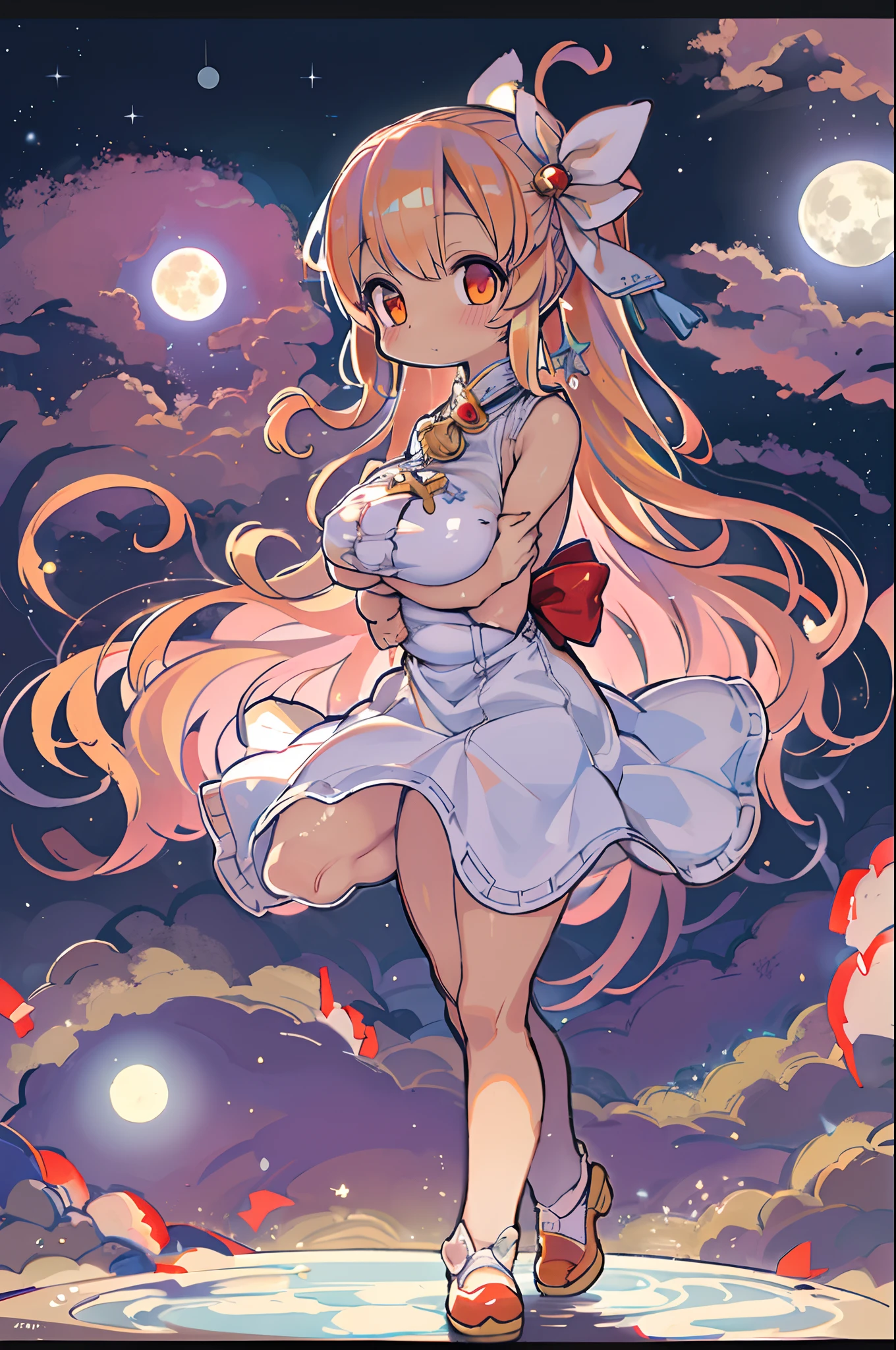 girl, looking at you, Face, High quality, Radiant, natta, red velvet,under big full moon、Looking up at the moon、fullmoon、((((huge-breasted)))),Chibi、Ultramammy