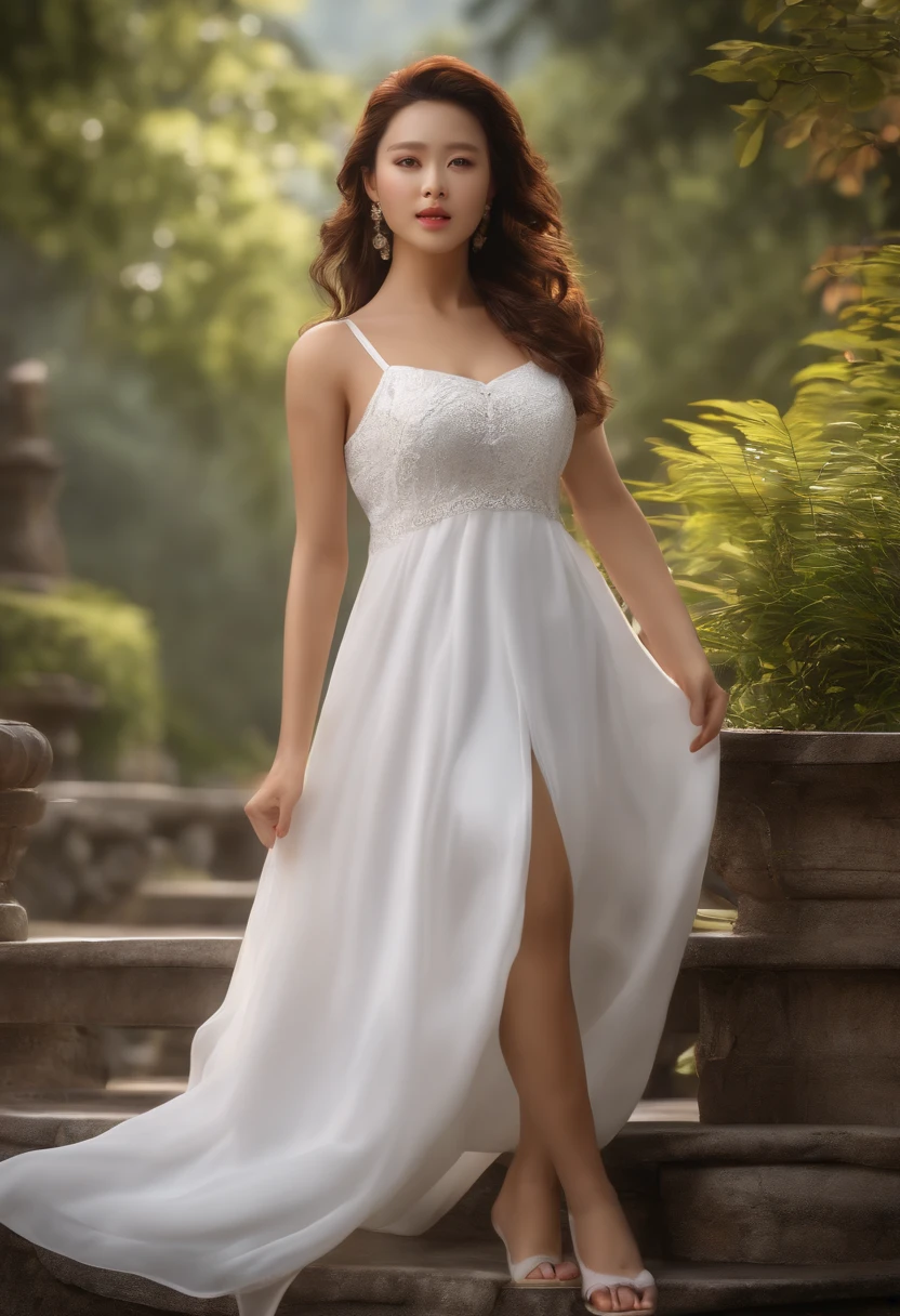 (8k, Foto RAW, best quality, master part:1.2), (Realistic, photo-realistic:1.37), professional lighting, photon maping, radiosidade, Boneca coreana, parque, white summer dress