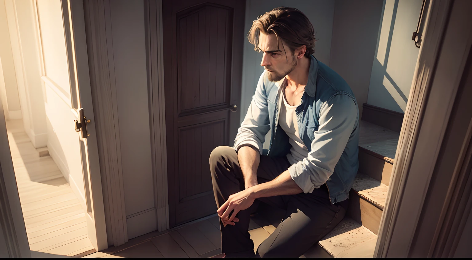 A man sitting on a staircase in a building, daylight, sad face, head down, sad eyes, ultra realistic