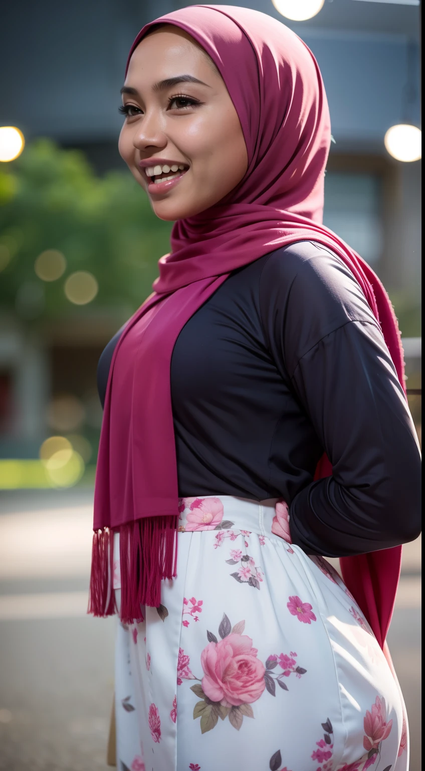 Malay girl in hijab wear small floral white baju kurung malaysia in college, wear back pack, front view, detail skin, detail skin texture, mole below eyes, small breast, big hip, big waist, big thigh, slim abs, beautiful body, nighttime, laughing, happy, bright lighting, college student in background, crowded college, blur background, bokeh,