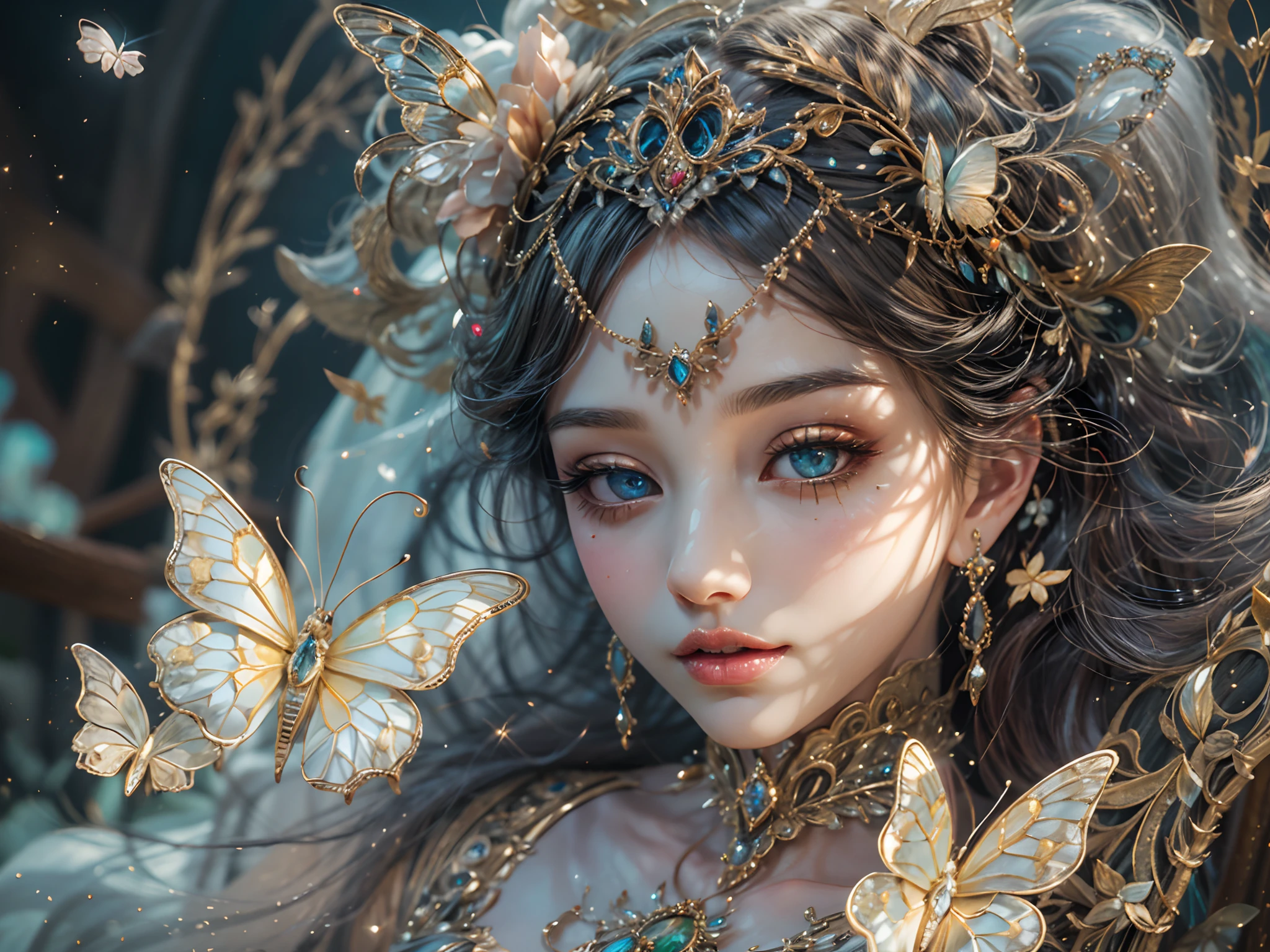 This is、It's a masterpiece of realistic fantasy with lots of sparkles, Glitter, and intricate ornate details. Produces one petite woman with a beautiful delicate crown sitting on a garden swing at night. She is a beautiful and seductive butterfly queen with stunning curly black hair, (((Incredibly realistic and detailed dynamic eyes in bright colors with realistic shading))).  Her skin is translucent white, Her eyes are shining, And her dress is elegant. Her dress is spun with delicate and finest gossamer silk, Convoluted, Delicate floral details and gold silk butterfly sleeves. Her face is lovely and lonely. Include flowers that glow in the dark, Lots of particles, Highly realistic fantasy butte fly with translucent gem-colored wings and fine details, And shine. Artwork done in the style of Guviz、Trending fantasy titles from Artstation and Midjourney、Reminds of the masters of this genre. camera: Using dynamic composition techniques、Emphasizes ethereal delicacy and delicate details.