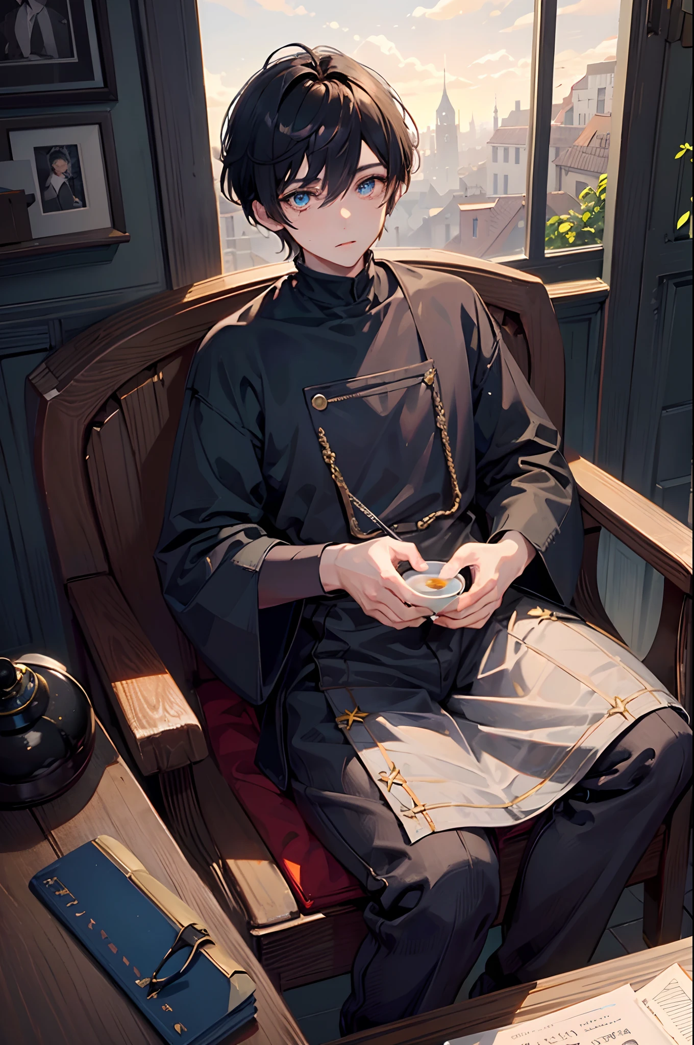 twinks male people short dark hair Sit down and drink tea in an old folk house masterpiece Top image quality Clear cinematic shadow Increased attractiveness of the eyes Clear the shine of the eyes Draw eyelashes neatly Perfect Eye A detailed eye Sharpen image quality Sharpen eye writing Clear eye shape