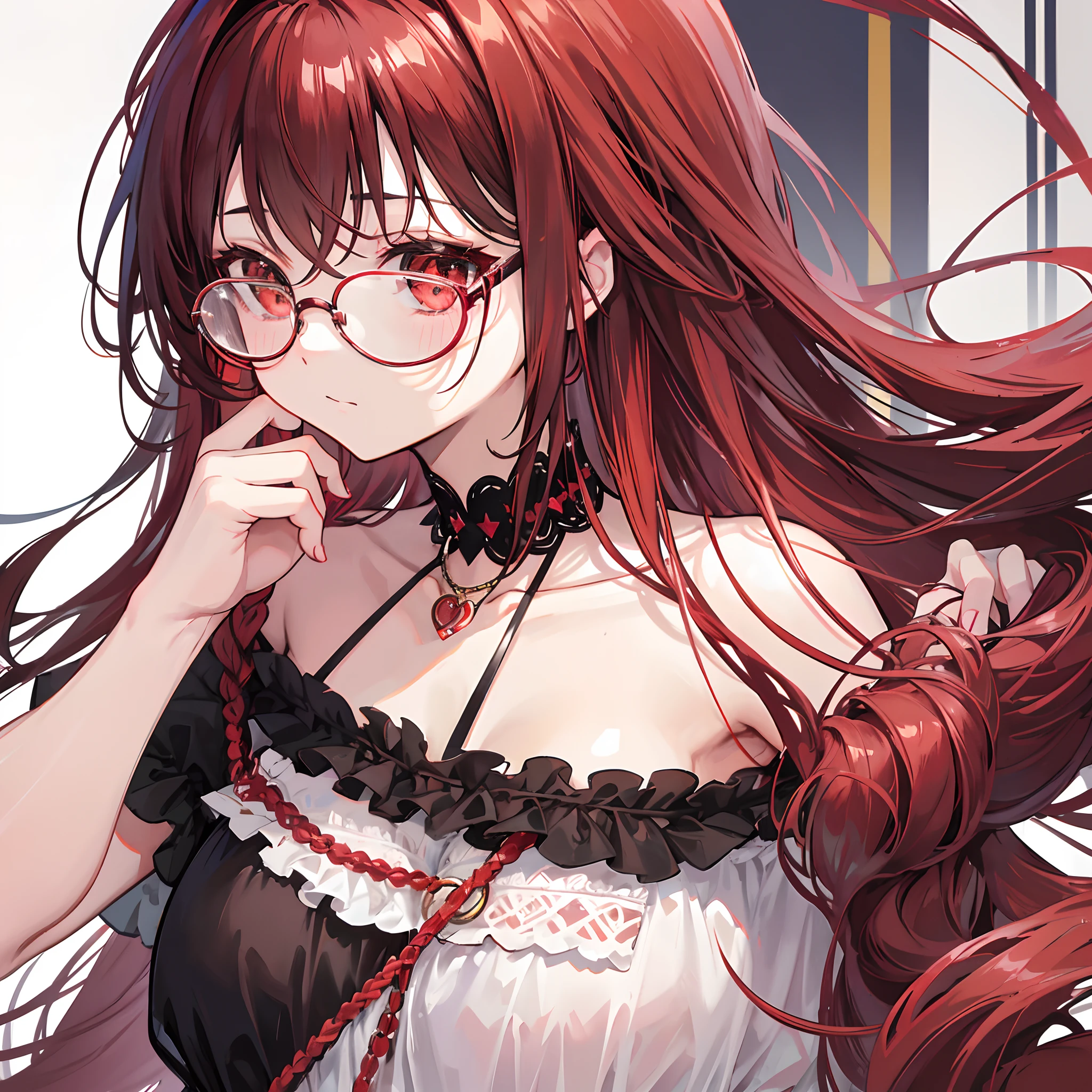 Reddish brown braided hair,With thick black-framed glasses,The eyes are very affectionate,With a cute black ring necklace,Lolita clothes in brown and red colors,The face is shiny and super tender,is a petite cute little sweet girl