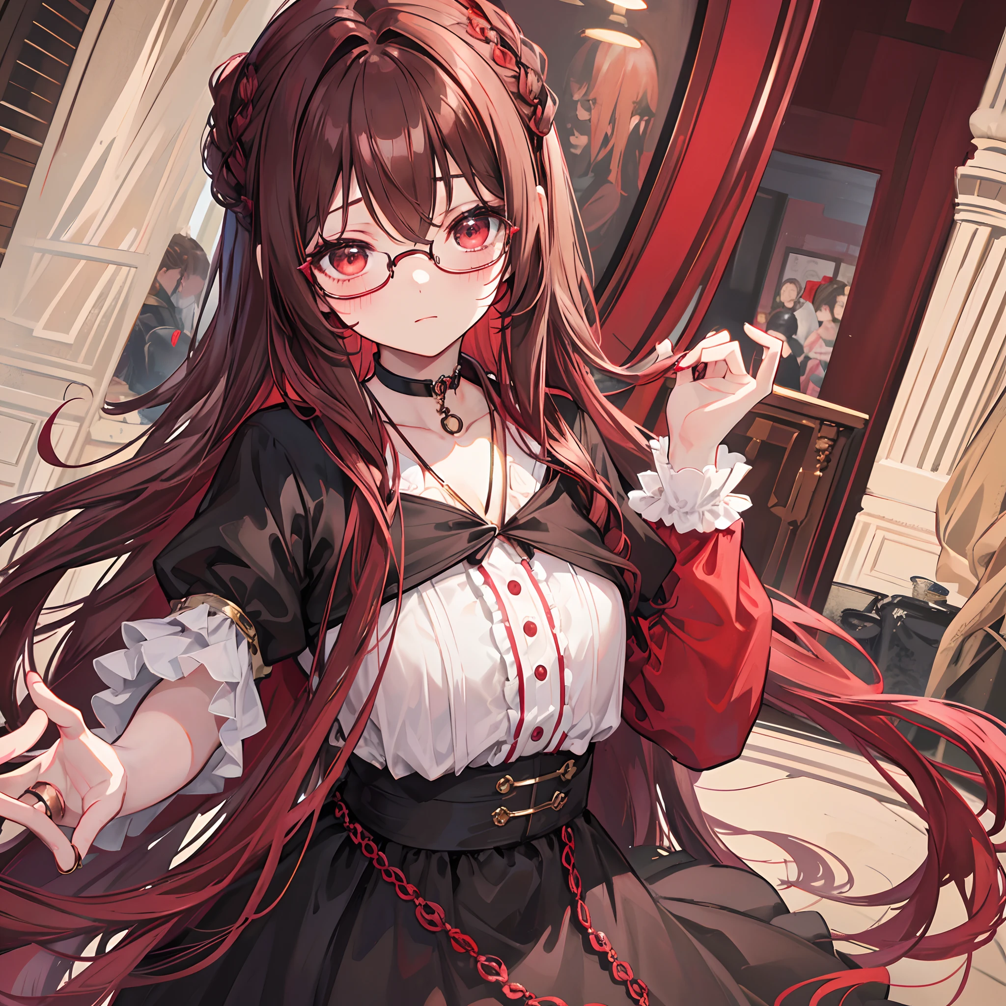 Reddish brown braided hair,With thick black-framed glasses,The eyes are very affectionate,With a cute black ring necklace,Lolita clothes in brown and red colors,The face is shiny and super tender,is a ite cute liteet girl