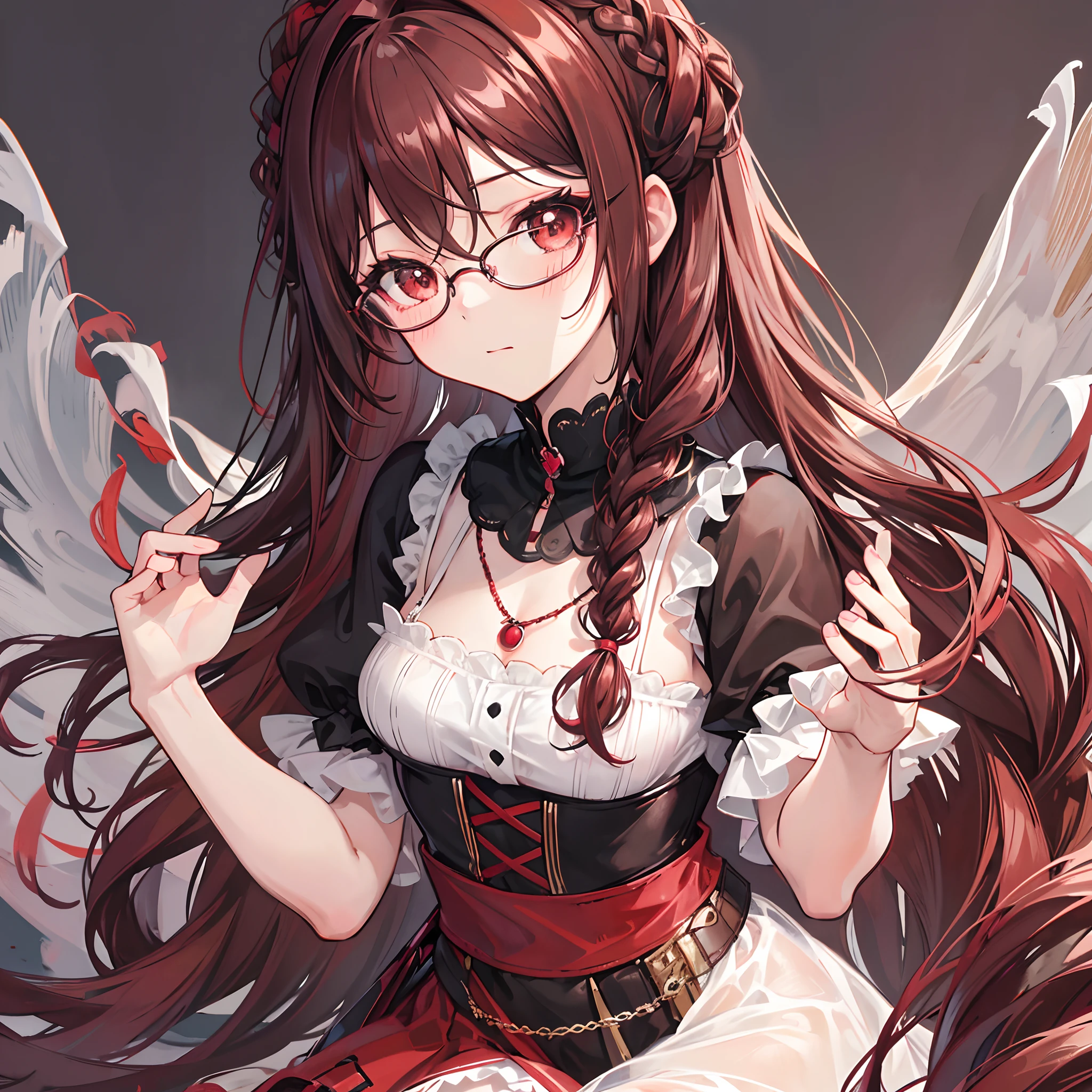 Reddish brown braided hair，With thick black-framed glasses，The eyes are very affectionate，With a cute black ring necklace，Lolita clothes in brown and red colors，The face is shiny and super tender，is a petite cute little sweet girl