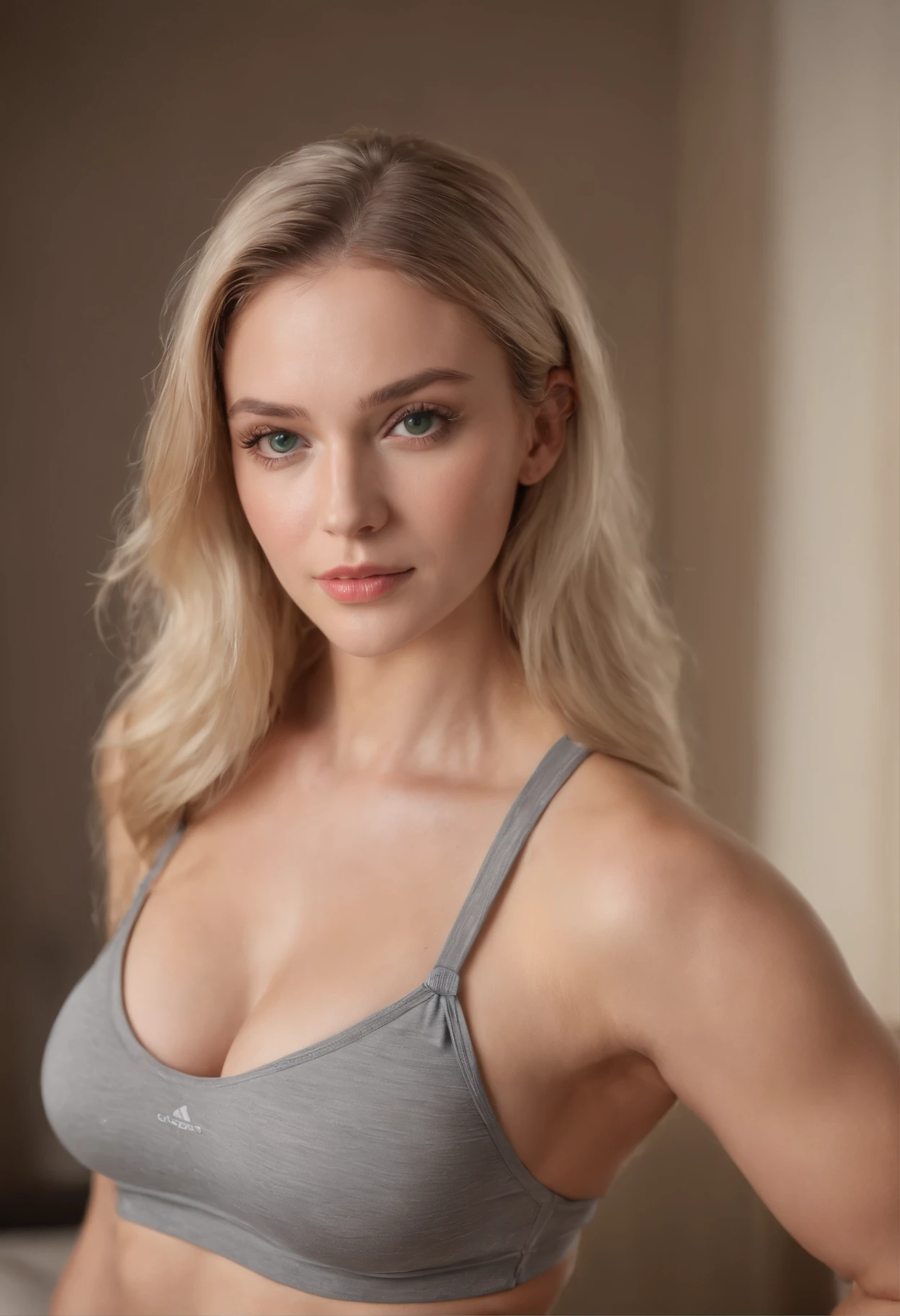 (best quality,4k,highres,masterpiece:1.2),ultra-detailed,(realistic:1.37),blonde woman, wearing gray sports bra crop top, green eyes, full figure, fit body, big breast, in a bedroom, high lighting