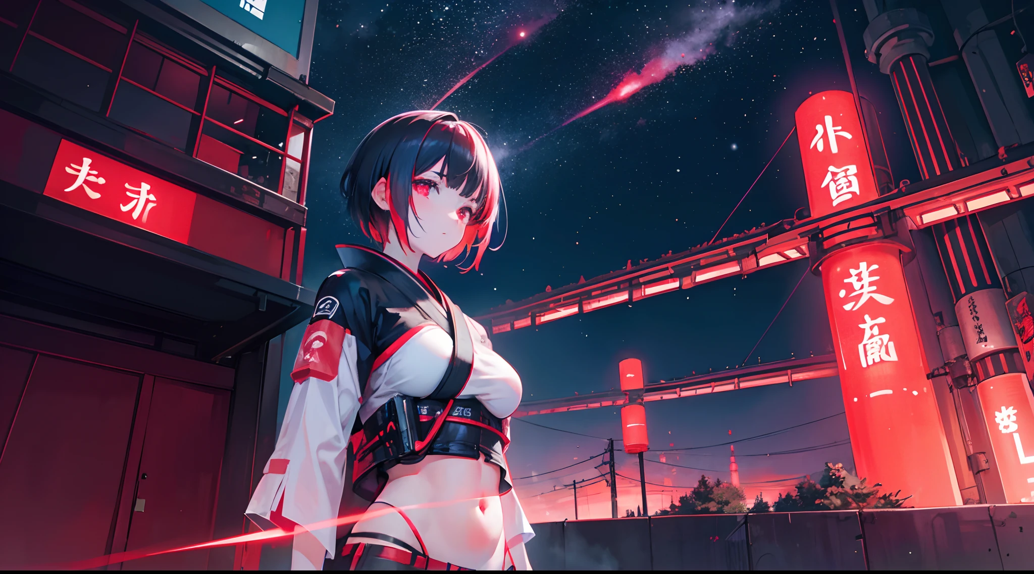 1girl, short hair, red eyes, tummy, nature, Japan, neon, glow, colourful, night, starry sky, cyberpunk, sci fi, absurdres, high res, ultrasharp, 8k, masterpiece