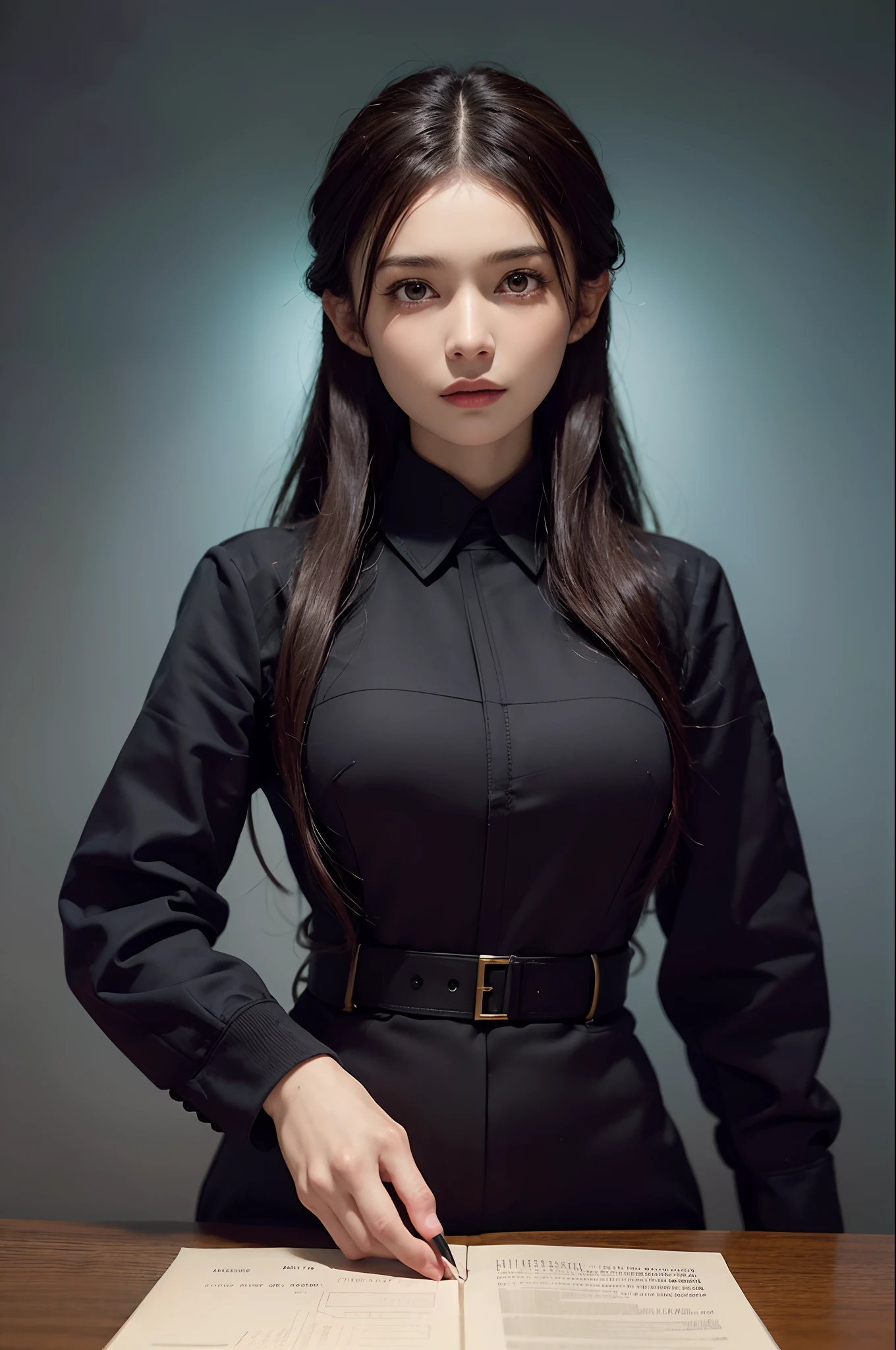 (Front Focus), (In the Dark: 1.6), Surrealistic Female Portraits by David Hockney and Alphonse Mucha, Fantasy Art, Photo Realism, Dynamic Lighting, ArtStation, Poster, Volumetric Lighting, Very Detailed Faces, 4 K, Award-Winning , 1girl, in the dark, Deep Shadow, Low Key, Cowboy shot, (Official uniform: 1.4), Long hair,