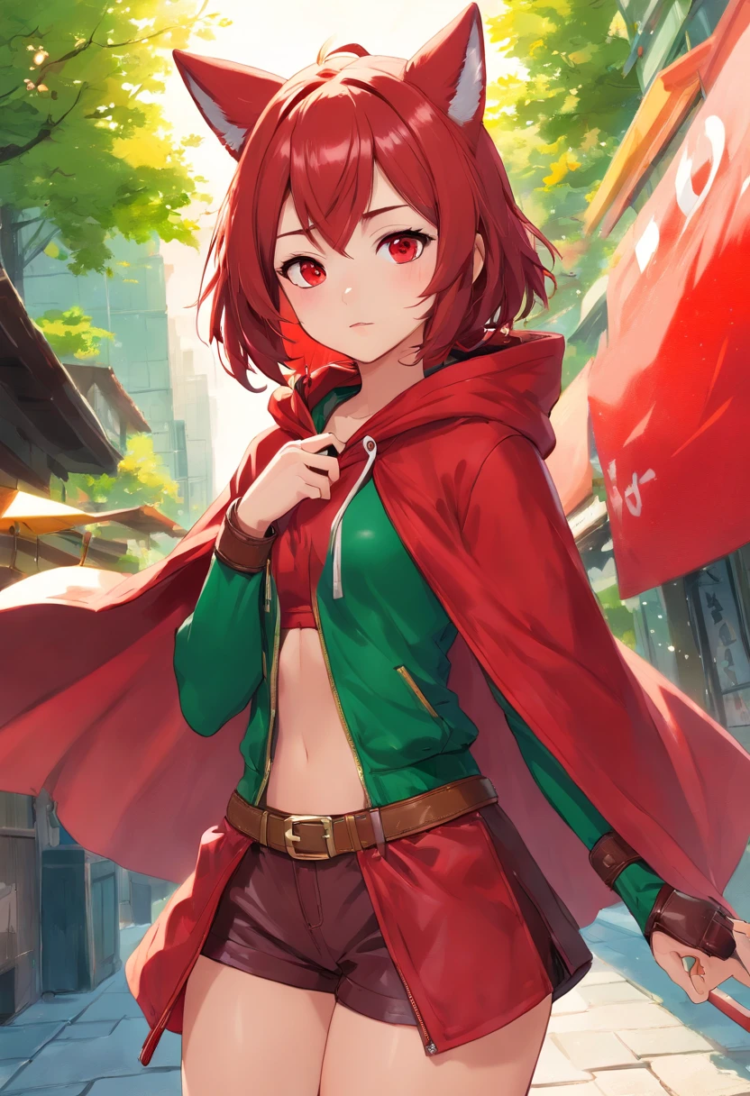 ((red hoods)), ((Wearing a red hood)), (masutepiece, Best Quality, 8K:1.37),  ((Wear a red cloak)), ((tiny girl, Short,)),((Follow the Big Red Wolf)), Perfect Anatomy, , 1 girl, ((Light brown medium hair)), Wavy Hair, ((small tits)) Same as, Green eyes, ((Have a wooden flute)),White flower hair ornament, Green Bikini, Leather shorts, Belt bag, Round eyes, jrpg character art,Extreme close-up