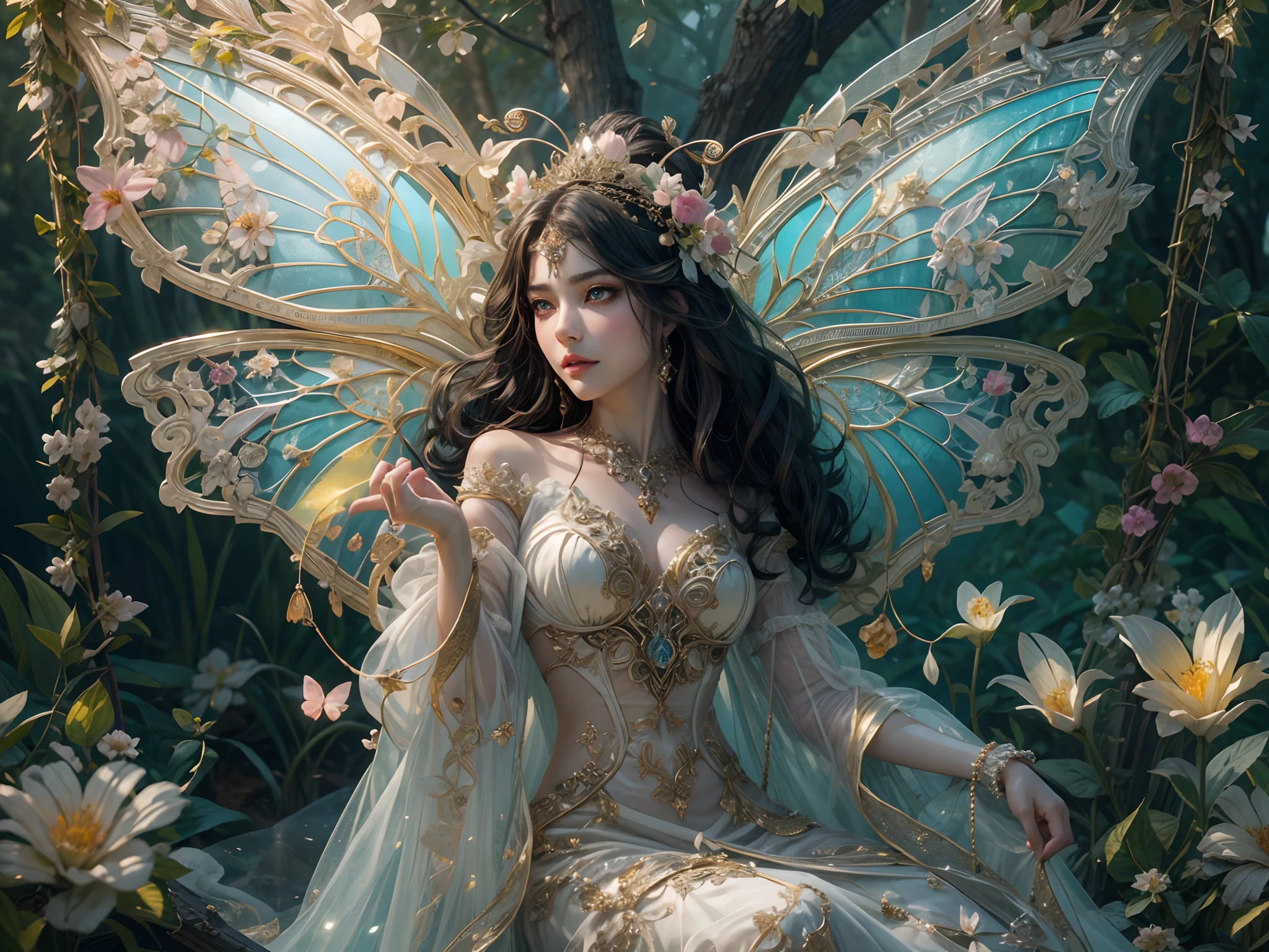 This is、It's a masterpiece of realistic fantasy with lots of sparkles, Glitter, and intricate ornate details. Produces one ite woman with a beautiful delicate crown sitting on a garden swing at night. She is a beautiful and seductive butterfly queen with stunning curly black hair, (((Incredibly realistic and detailed dynamic eyes in bright colors with realistic shading))).  Her skin is translucent white, Her eyes are shining, And her dress is elegant. Her dress is spun with delicate and finest gossamer silk, Convoluted, Delicate floral details and gold silk butterfly sleeves. Her face is lovely and lonely. Include flowers that glow in the dark, Lots of particles, Highly realistic fantasy butte fly with translucent gem-colored wings and fine details, And shine. Artwork done in the style of Guviz、Trending fantasy titles from Artstation and Midjourney、Reminds of the masters of this genre. camera: Using dynamic composition techniques、Emphasizes ethereal delicacy and delicate details.