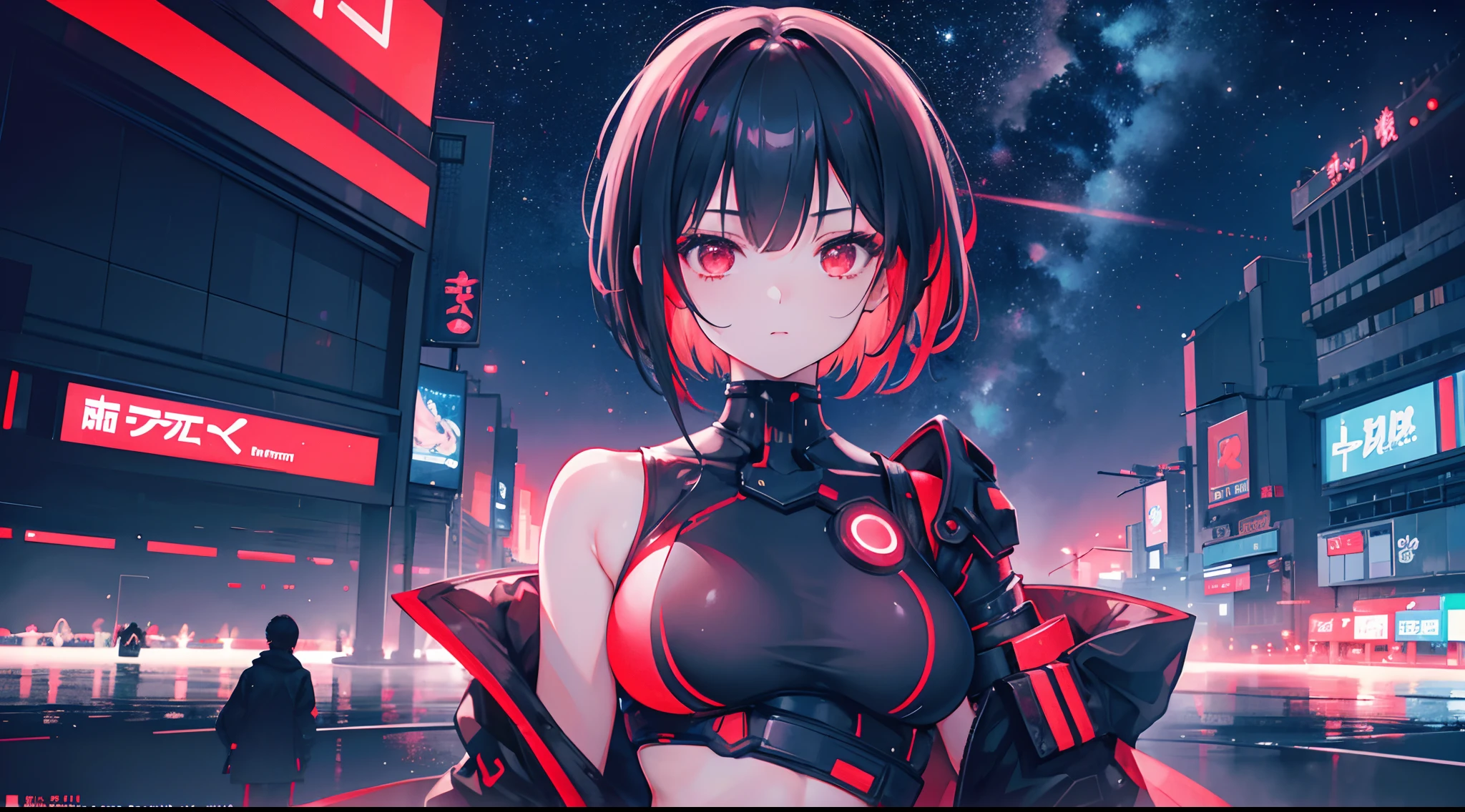 1girl, short hair, red eyes, tummy, nature, Japan, neon, glow, colourful, night, starry sky, cyberpunk, sci fi, absurdres, high res, ultrasharp, 8k, masterpiece
