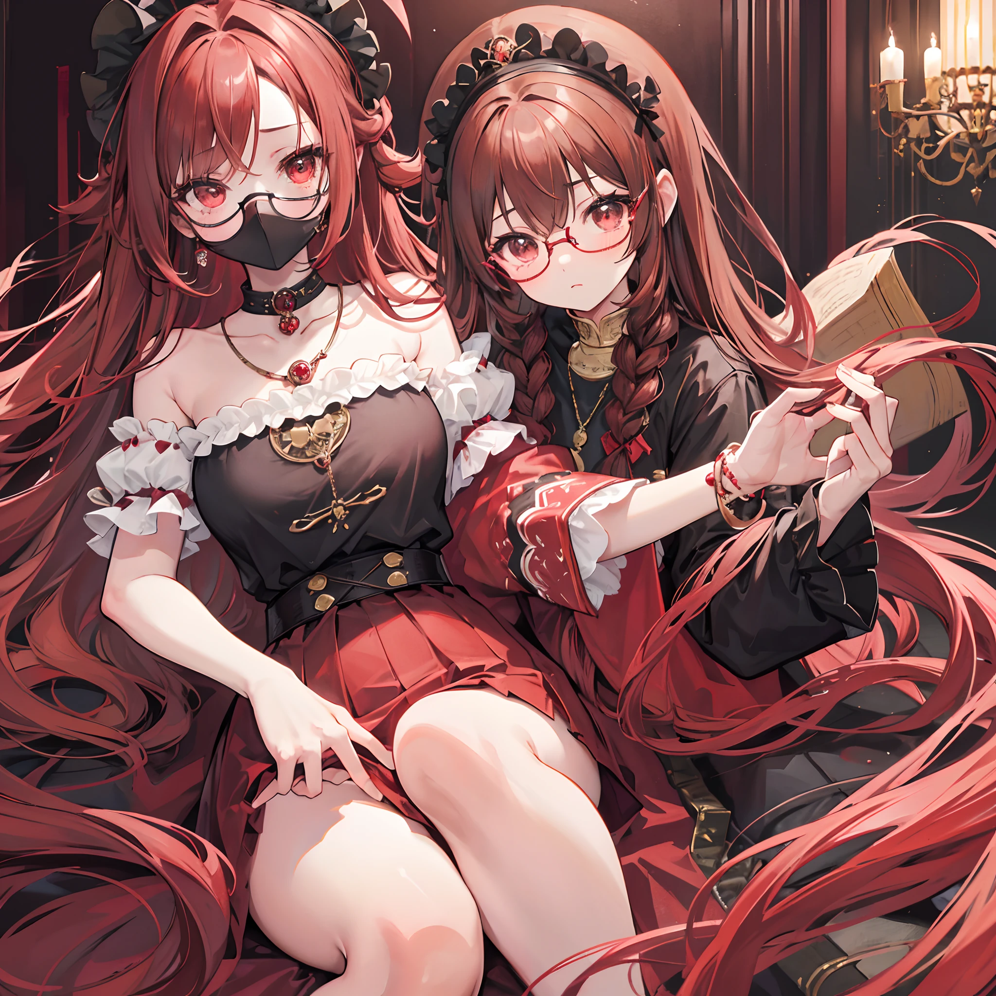 Light, reddish brown braided hair，With thick black-framed glasses，The eyes are very affectionate，With a cute black ring necklace，brown pubic fur、Lolita clothes in red and white colors，The face is shiny and super tender，is a ite cute liteet girl