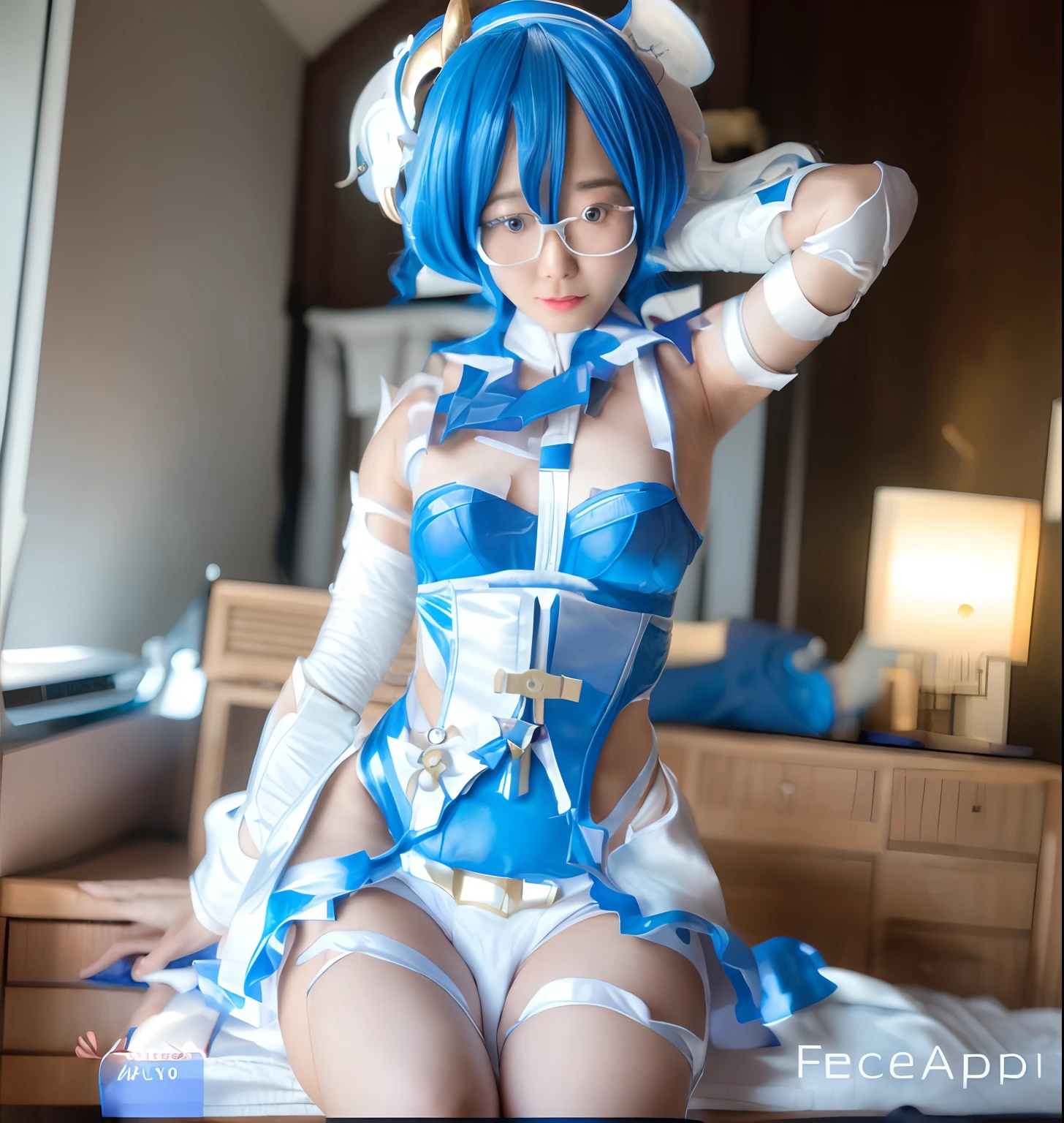 Alafed woman in white and blue corset sitting on bed, Anime girl cosplay, Anime Cosplay, Cosplay, inspired by Leng Mei, full-cosplay, professional cosplay, perfect android girl, cosplay foto, ahegao face, cosplayer, real life anime girl, realistic cosplay, Ayaka Cosplay, like artgerm, mei from overwatch,(RAW Photography、4k、masterpiece、hight resolution、very intricate)(Photorealsitic:1.4)、Movie Lighting 1 Girl、solofocus、Summer noon、hot、1990's\(styles\)、