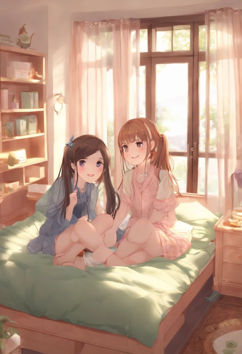 Absurd resolution, high resolution, (Masterpiece: 1.4), Super detailed, (((Detailed face, Detailed expression)), Two girls, Girls and girls, Friends, best friends, Classmates, Relax, pony tails, Bob, sitting on bed, sitting down on the floor, Two are talking, The background is in the room, Friends, best friends, Home, 1k, Small room, Curtains, Bed, Tv, desk, Confectionery, Talk to friends about travel, collection, fun, Smile, Room Wear, Kyoto Animation, Kyoto animation atmosphere, glitters, brilliance,