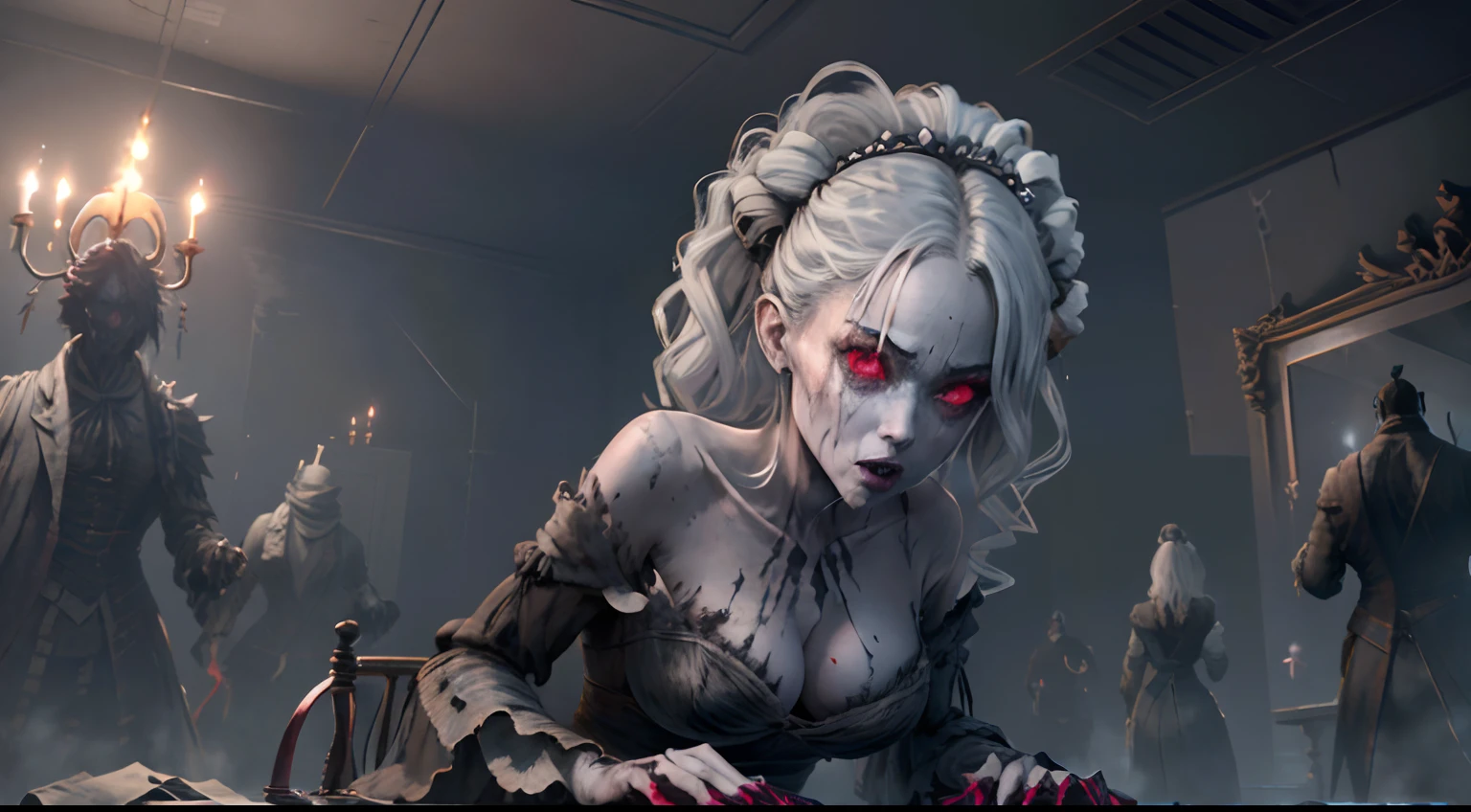 A very pal humanoid character, aux yeux rouges, Elle est folle, Noix, horreur, Elle est effrayante, Elle est effrayante, Valeur de choc, very diabolical, Elle est maigre, evoke, Peur, terreur, terreur, pourrir, disgust, elle est psychopathe, Sombre, Exceptionnellement mince, mince, Scraggly, emaciated, tordu, effrayant, Malade, Background ruins, Blanc long_robe, gore, sanglant_mains, seulement, corps entier, (messy_long_Sombre_cheveux), Bosseler, Mauvais yeux, les yeux brillants, fire in the background, (She wears a very dirty old torn_blanc_robe), psychopathe, lying in a coffin