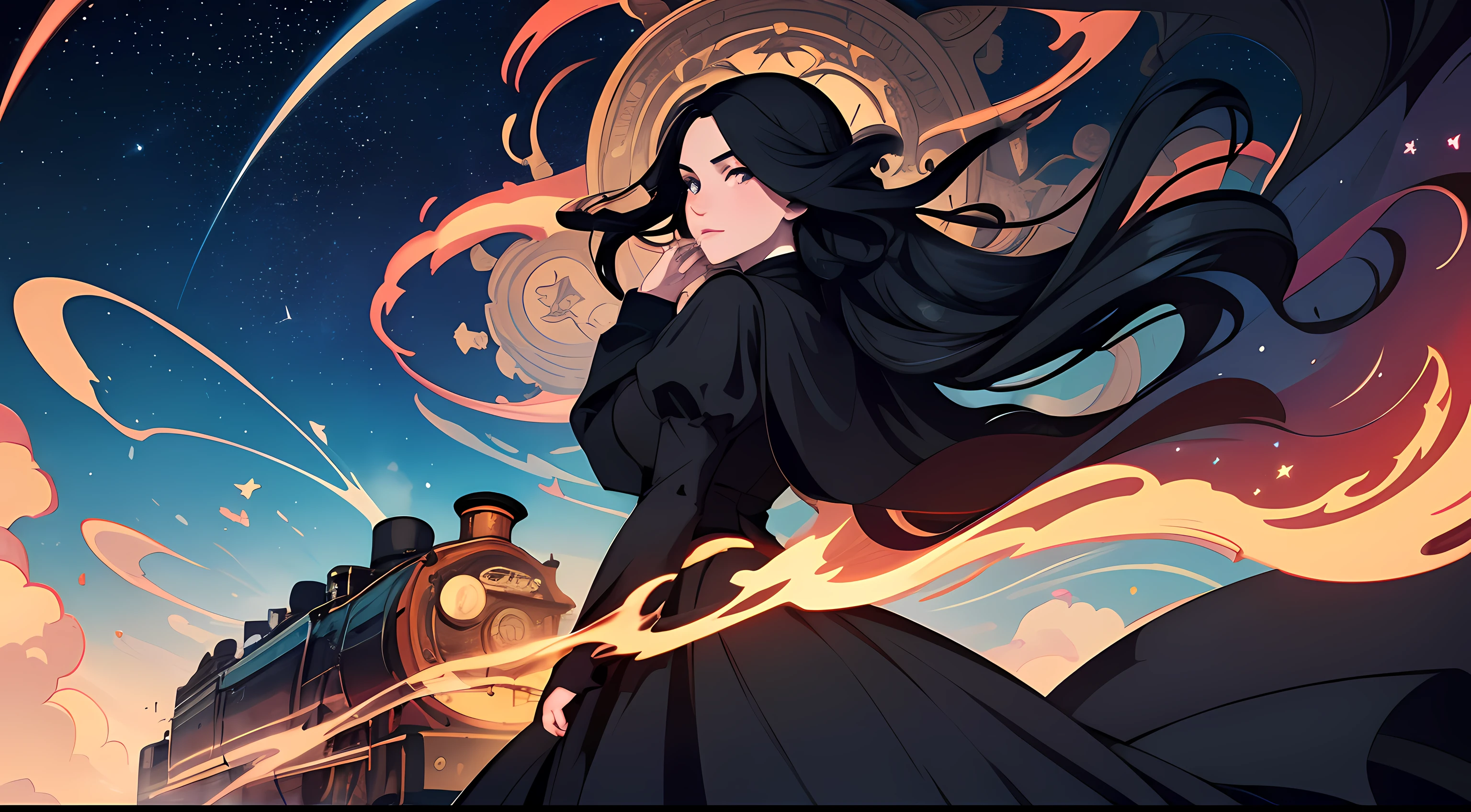 beautiful and asethetic, masterpiece, movie poster, best quality, drawing of a of a long black haired woman with a high collared black long sleeved victorian dress dramatic pose in front of a steam train, celestial, stars, bright colors, abstract, by james jean style, fantastical elements