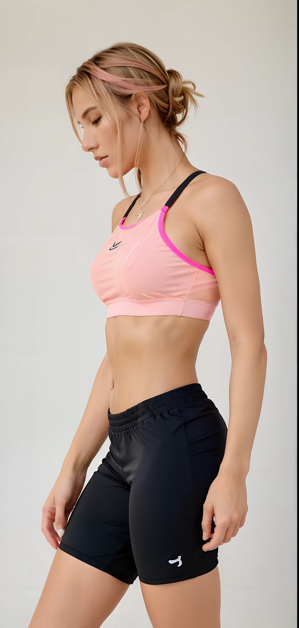A gorgeous woman in a pink sports bra top and black shorts, brassier, Esporte bom, sports bra, top de cabresto rosa quente, sport bra and shirt, Top de cabresto rosa, detailed sports bra, sport bra and shorts, upper torso included, olhando de lado!, neon pink, costas arqueadas, athletic muscle tone, roupas esportivas, usando equipamento de fitness, Titular Top