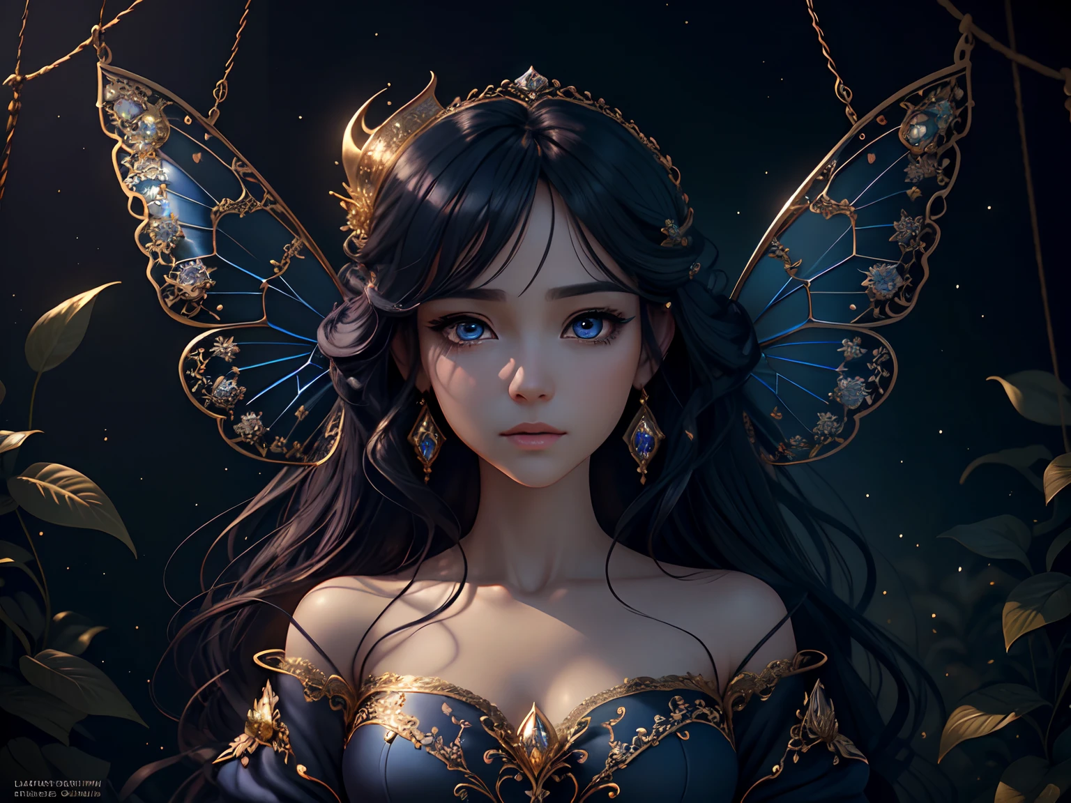 This is、It's a masterpiece of realistic fantasy with lots of sparkles, Glitter, and intricate ornate details. Produces one petite woman with a beautiful delicate crown sitting on a garden swing at night. She is a beautiful and seductive butterfly queen with stunning curly dark blue hair, (((Incredibly realistic and detailed dynamic eyes in dark blue with realistic shading))).  Her skin is translucent white, Her eyes are shining, And her dress is elegant. Her dress is spun with delicate and finest gossamer silk, Convoluted, Delicate floral details and gold silk butterfly sleeves. Her face is lovely and lonely. Include flowers that glow in the dark, Lots of particles, Highly realistic fantasy butte fly with translucent gem-colored wings and fine details, And shine. Artwork done in the style of Guviz、Trending fantasy titles from Artstation and Midjourney、Reminds of the masters of this genre. camera: Using dynamic composition techniques、Emphasizes ethereal delicacy and delicate details, Blunt Bangs, purple eyes