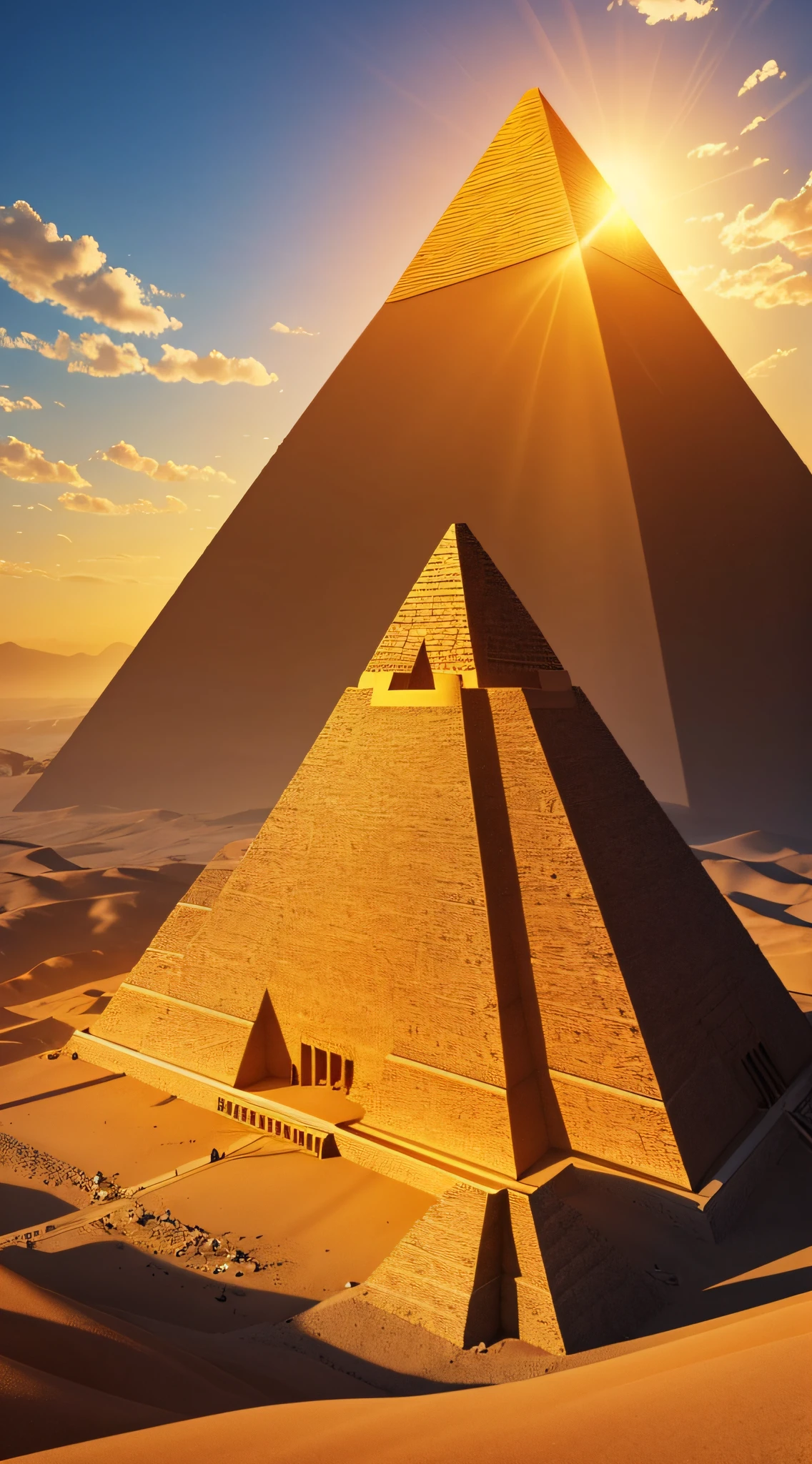 Generate an image of a majestic pyramid glowing under the golden light of the sun.