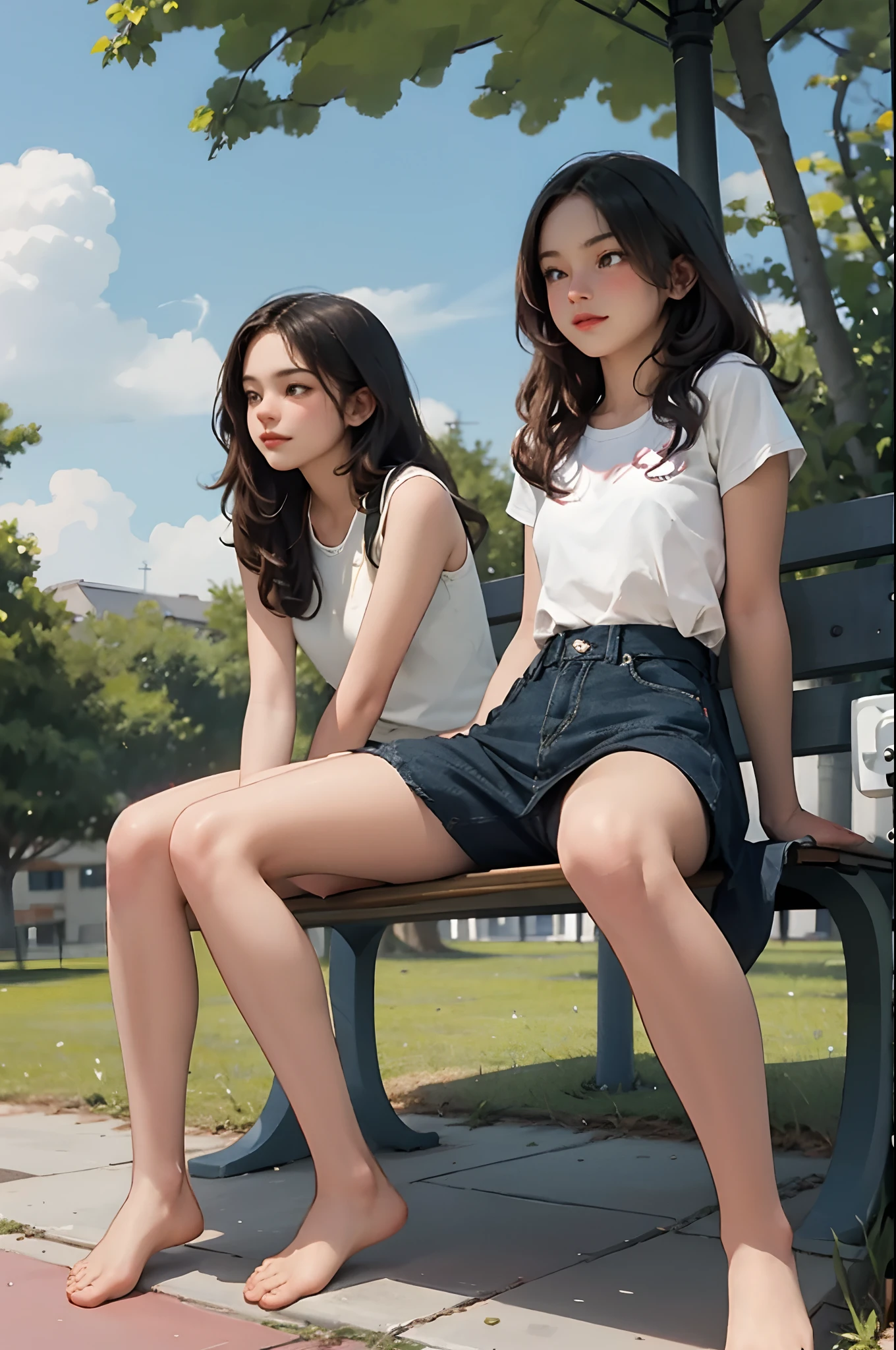 (masterpiece) two agers sitting on a bench barefoot