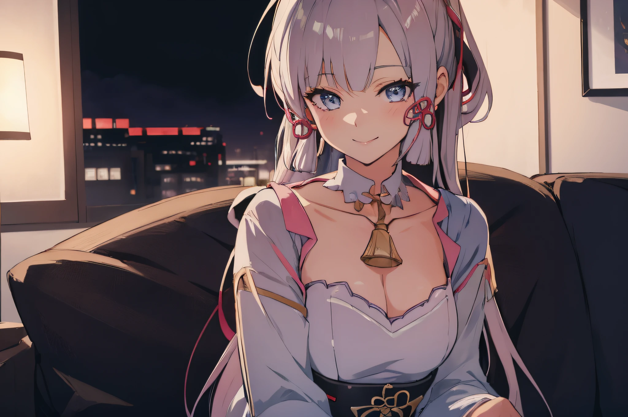 (masterpiece, best quality, detailed),1girl,kamisatoayakadef,(silver hair) , sitting on a couch with a laptop in her lap, seductive anime girl, attractive anime girl, beautiful anime girl, pretty anime girl, (anime girl), cute anime girl, portrait anime girl, beautiful anime woman, an anime girl, cute anime girl portrait, anime girl,eye details,teasing smile, clean detailed anime art,high resolution, (perfect hands, perfect anatomy),