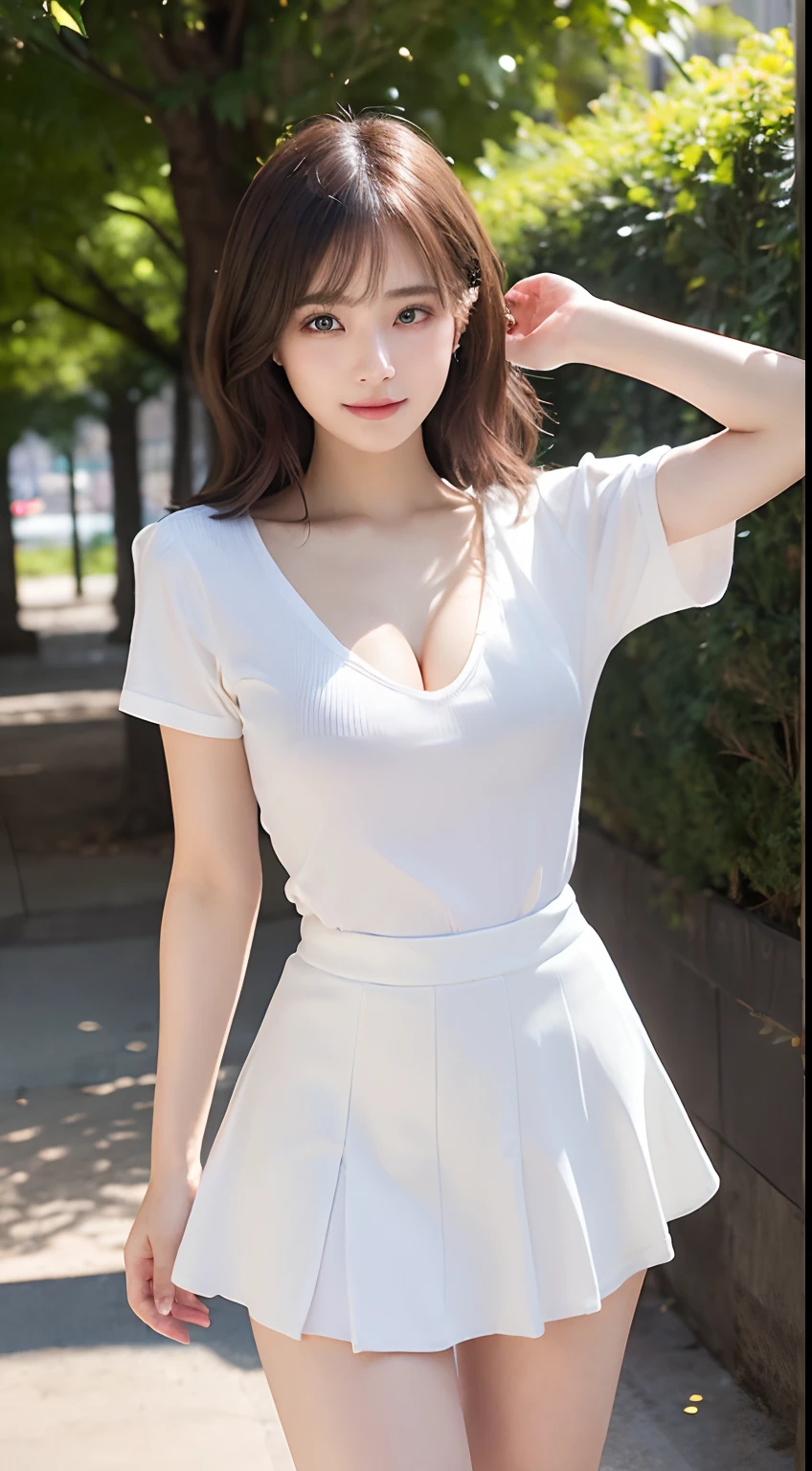 Innocent 18 year old girl、((flare miniskirt,white t-shirts,Dramatic poses)),Smile,short-cut,Park background、Raw photo, (8K、top-quality、​masterpiece:1.2)、(intricate detailes:1.4)、(Photorealsitic:1.4)、octane renderings、Complex 3D rendering ultra detail, Studio Soft Light, Rim Lights, vibrant detail, super detailing, realistic skin textures, Detail Face, Beautiful detail eyes, Very detailed CG Unity 16k wallpaper, make - up, (detailedbackground:1.2), shinny skin, Full body、From head to thigh、cleavage of the breast,((Standing with both legs open))