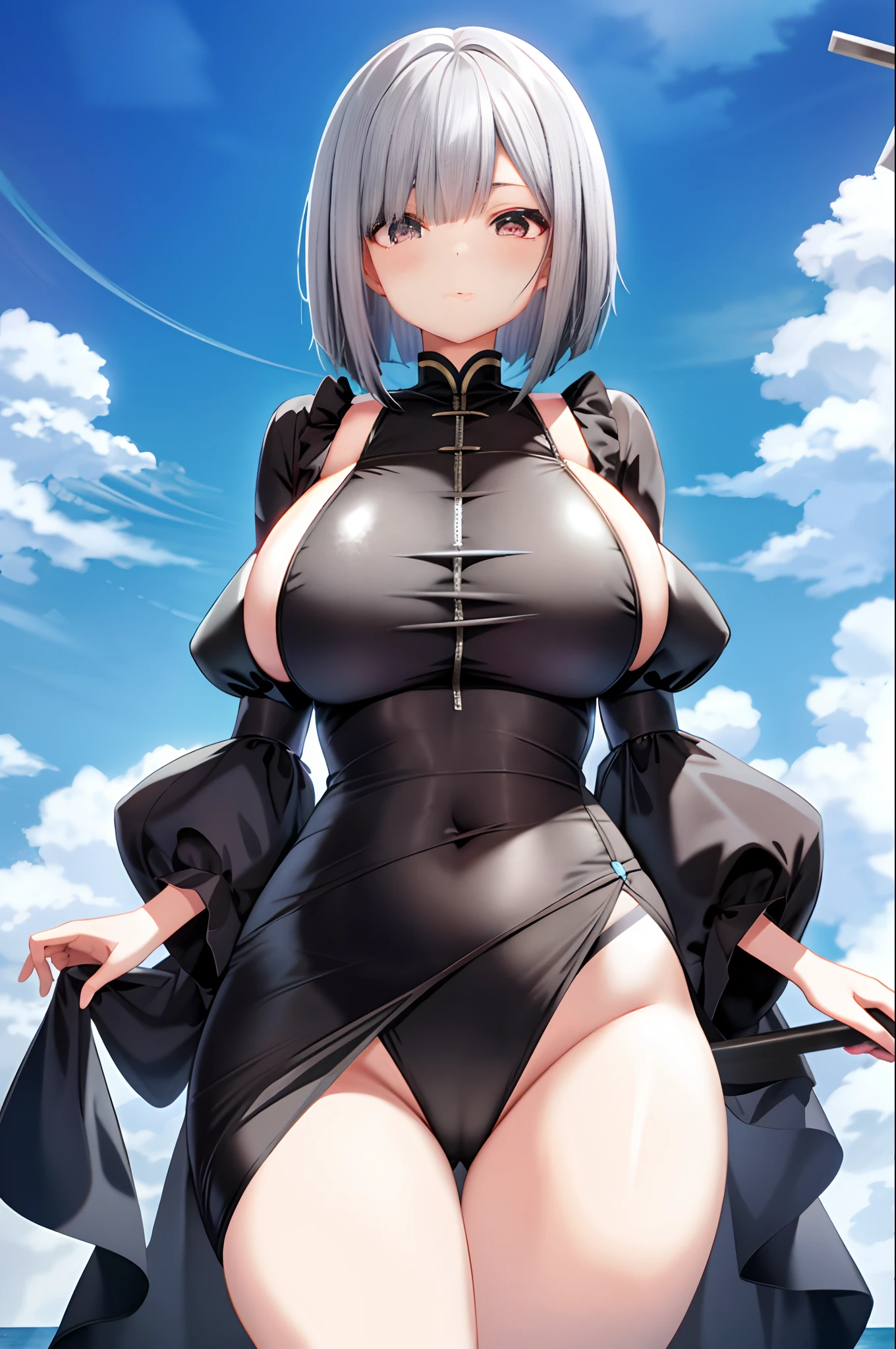 1 persons、独奏、animesque、Gray Hair Bob、1 girl、Silver-eyed、Colossal tits、Nipple、Big buttocks、エロ、