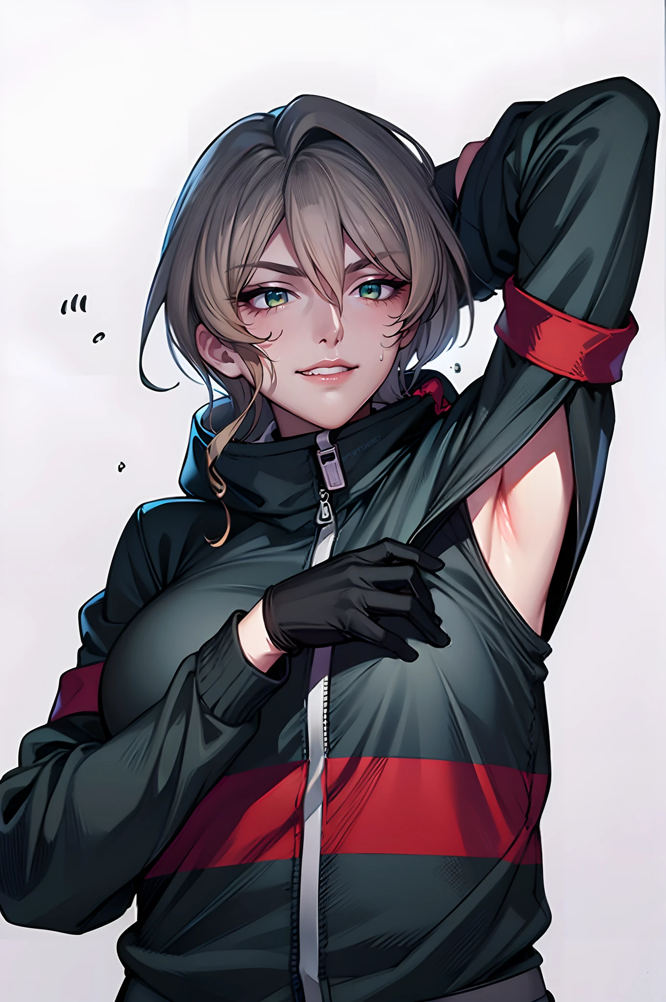 armpits, 1girl, gloves, looking_at_viewer, black_gloves, solo, jacket, long_sleeves, arm_up, parted_lips, black_shirt, shirt, black_jacket,  grey_background, upper_body, gradient_background, breasts, gradient, blush, grin, mole, arm_behind_head, large_breasts, (blonde hair:1.4),