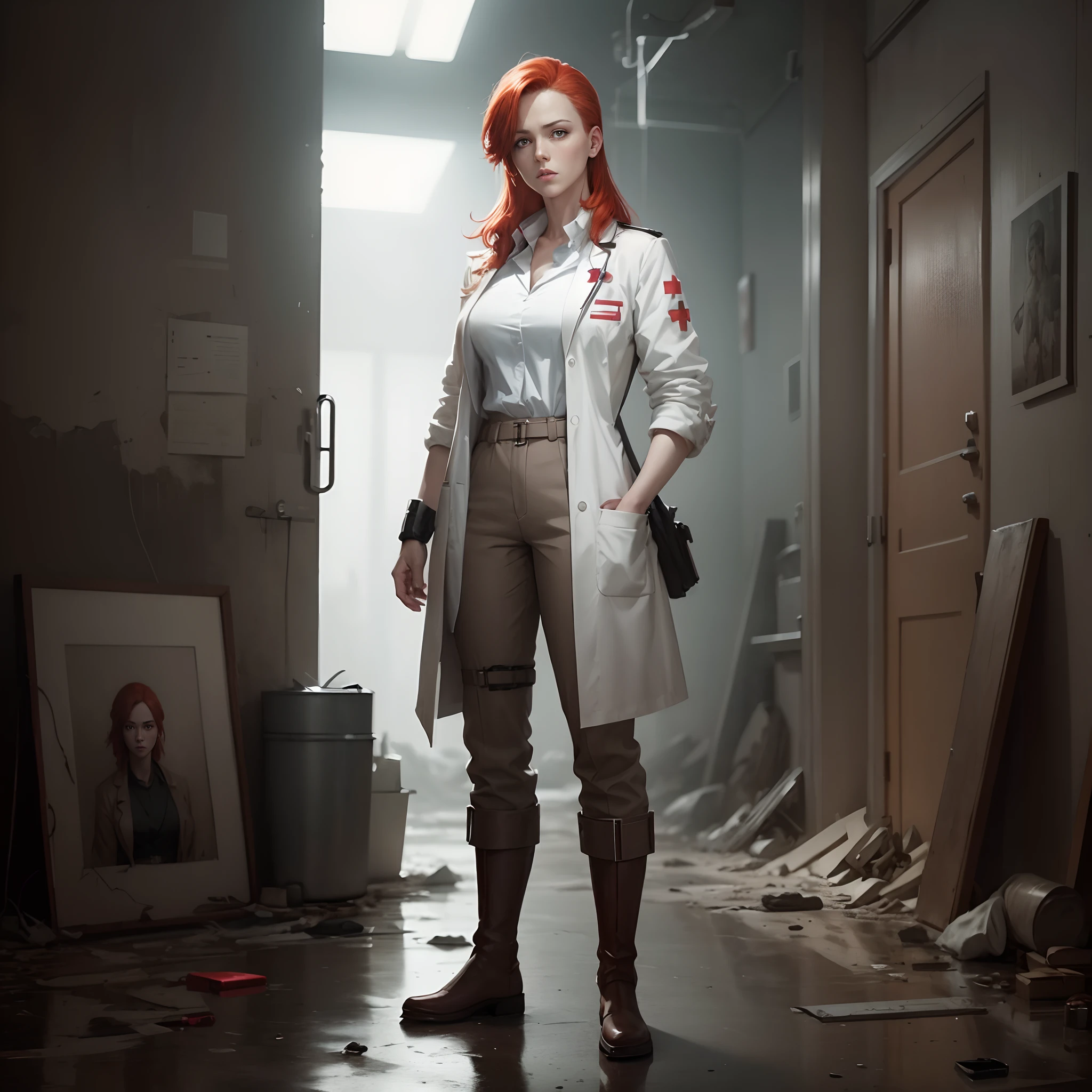 Full body shot, female medic in white lab coat, medical gloves, (brown trousers:1.2), rubber boots, red hair, pensive face, post-apocalyptic art, character design, gouache, artwork, grey and ash atmosphere, aestheticism, hdr, incredibly high detail, deep shading, award, masterpiece, 4k, by Arthur Adams