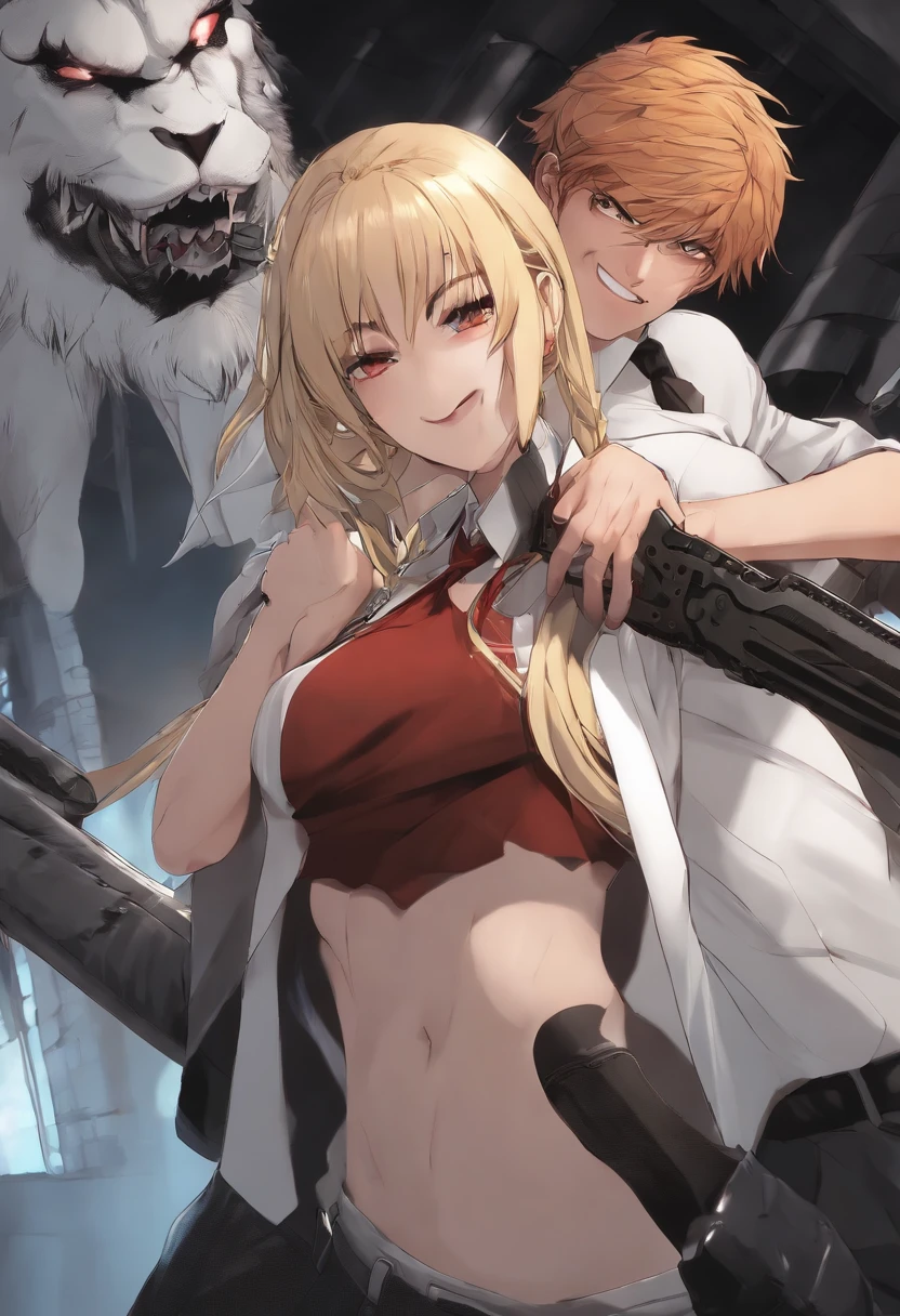 Open mouth,(Kiss),Best quality, insanely details,1girll,1boys, Sitting,On board and (1boys:1.4) blond hairbl, Denji (Chainsaw man),and 1gir,makima (Chainsaw man), Best quality, Ultra detailed, 1girll, , standing, Red hair, long braided hair, Golden eyes, bangs,, Bigboobs, stare, Smile, (Evil:1.2),, makima (Chainsaw man),shirt, side locks, Solo, uniform, White shirt, black necktie, Black pants