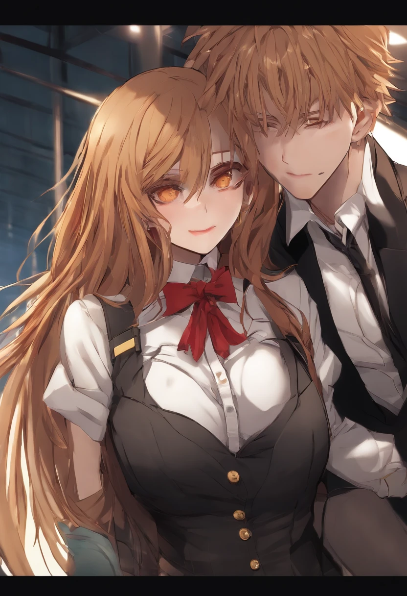 Open mouth,(Kiss),Best quality, insanely details,1girll,1boys, Sitting,On board and (1boys:1.4) blond hairbl, Denji (Chainsaw man),and 1gir,makima (Chainsaw man), Best quality, Ultra detailed, 1girll, , standing, Red hair, long braided hair, Golden eyes, bangs,, Bigboobs, stare, Smile, (Evil:1.2),, makima (Chainsaw man),shirt, side locks, Solo, uniform, White shirt, black necktie, Black pants