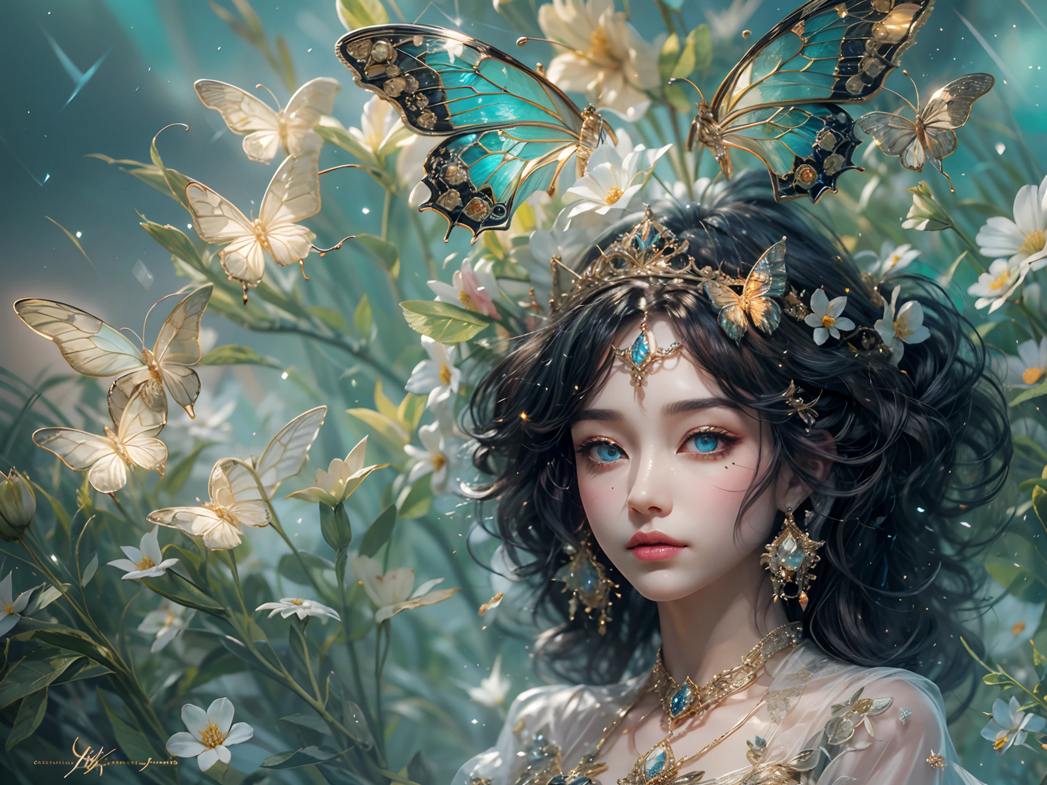 This is、It's a masterpiece of realistic fantasy with lots of sparkles, Glitter, and intricate ornate details. Produces one ite woman with a beautiful delicate crown sitting on a garden swing at night. She is a beautiful and seductive butterfly queen with stunning curly black hair, (((Incredibly realistic and detailed dynamic eyes in bright colors with realistic shading))).  Her skin is translucent white, Her eyes are shining, And her dress is elegant. Her dress is spun with delicate and finest gossamer silk, Convoluted, Delicate floral details and gold silk butterfly sleeves. Her face is lovely and lonely. Include flowers that glow in the dark, Lots of particles, Highly realistic fantasy butte fly with translucent gem-colored wings and fine details, And shine. Artwork done in the style of Guviz、Trending fantasy titles from Artstation and Midjourney、Reminds of the masters of this genre. camera: Using dynamic composition techniques、Emphasizes ethereal delicacy and delicate details.