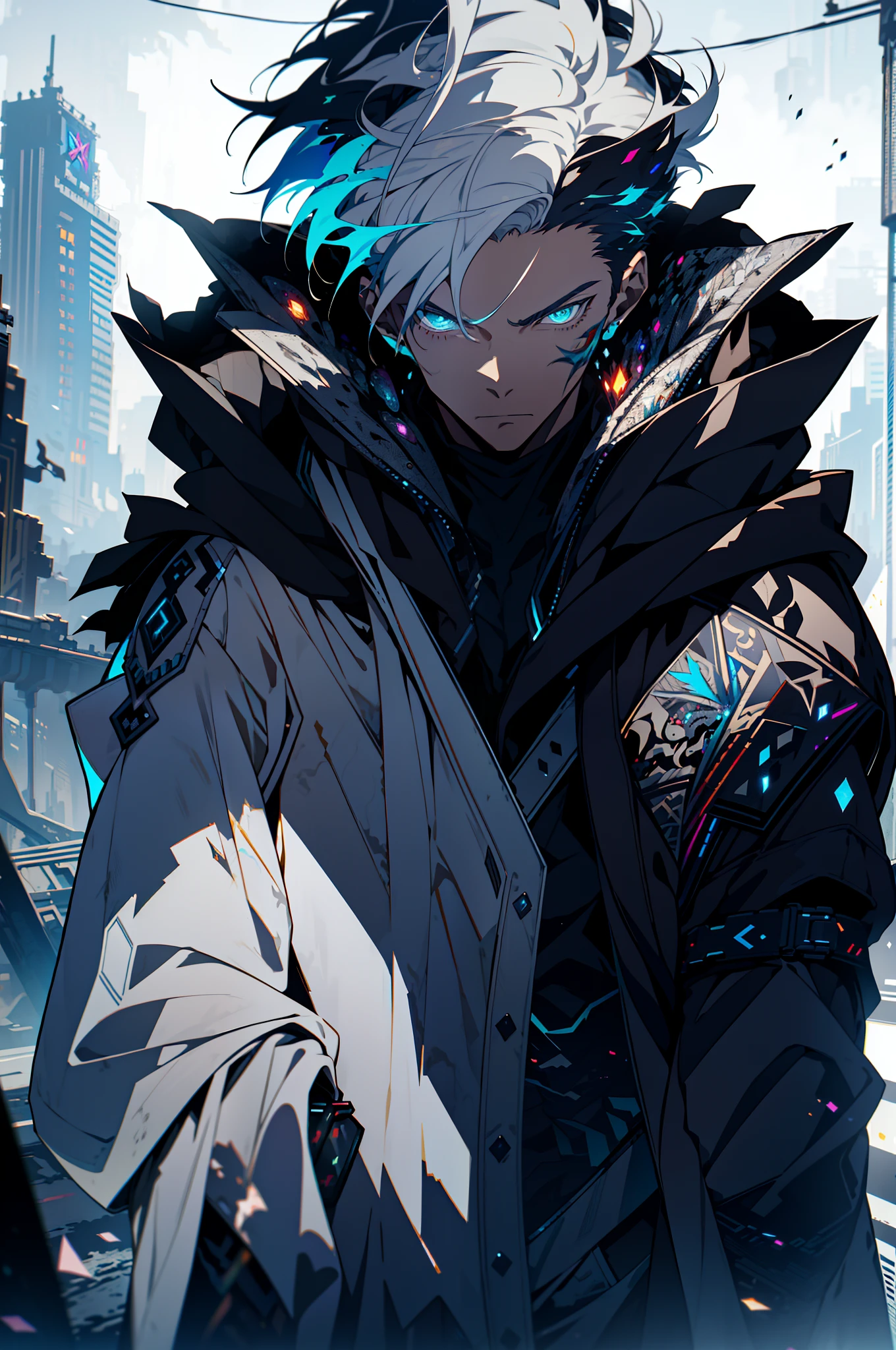 Cyberpunk male, fantasy world, dark background, clean design, epic instagram, artstation, colorful paint splatter, silhouette, hyper detailed intricate details, unreal engine, fantasy, intricate details, splash screen, complementary colors, Fantasy concept art, 8k resolution, deviantart masterpiece, oil painting, heavy strokes, paint dripping, (isolated on white background: 1.3), rainbow skin, (((handsome young man))), ((teenage:1.5) ), (glowing blue eyes), ((light eyes)), ((((short white hair: 1.1))), ((black clothes)), (prince\\(indifferent expression\\),, ( ((Wears high detail luxurious black robe))), white hair, frost magic, ((chest) --v 6
