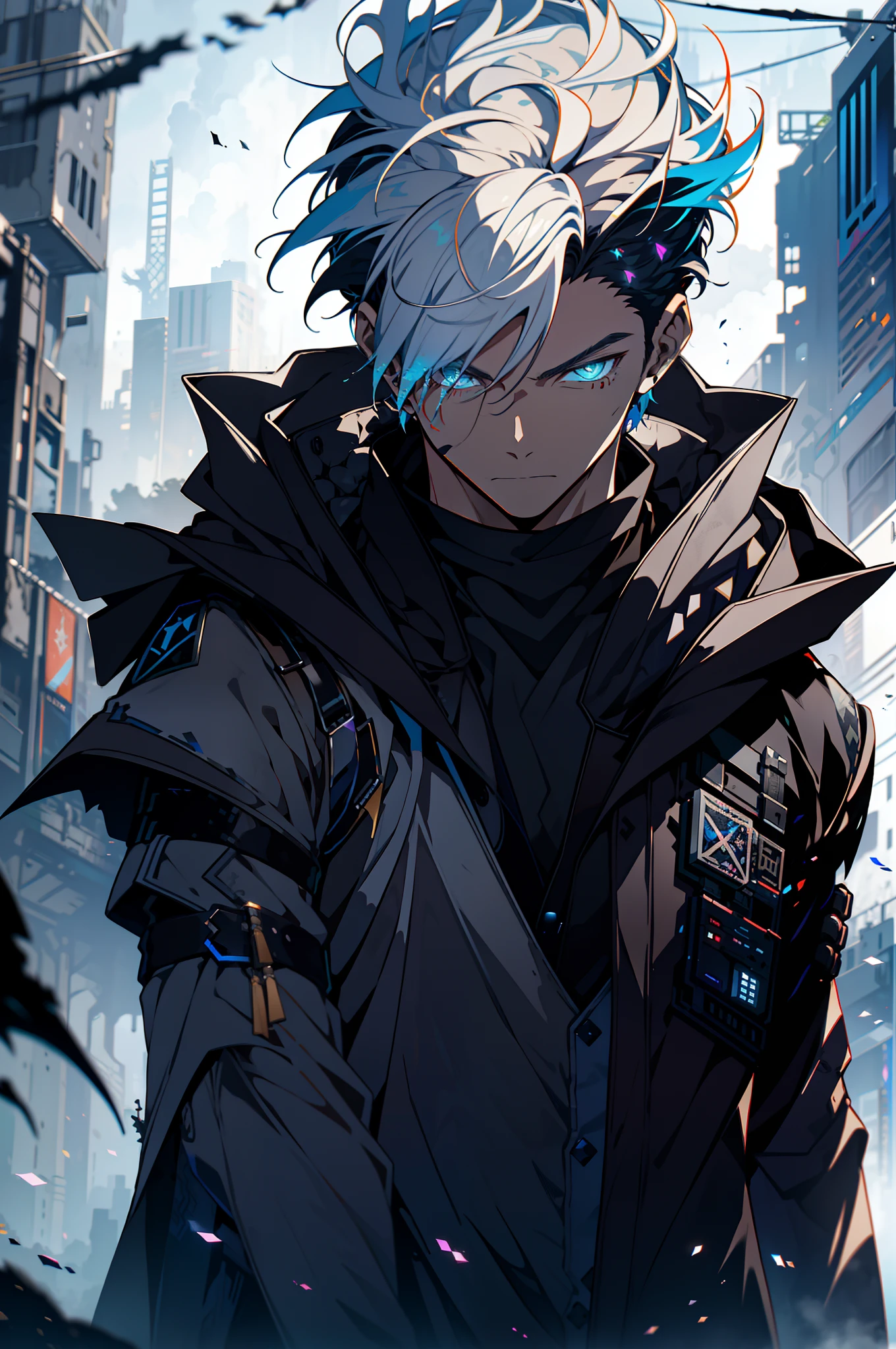 Cyberpunk male, fantasy world, dark background, clean design, epic instagram, artstation, colorful paint splatter, silhouette, hyper detailed intricate details, unreal engine, fantasy, intricate details, splash screen, complementary colors, Fantasy concept art, 8k resolution, deviantart masterpiece, oil painting, heavy strokes, paint dripping, (isolated on white background: 1.3), rainbow skin, (((handsome young man))), ((teenage:1.5) ), (glowing blue eyes), ((light eyes)), ((((short white hair: 1.1))), ((black clothes)), (prince\\(indifferent expression\\),, ( ((Wears high detail luxurious black robe))), white hair, frost magic, ((chest) --v 6