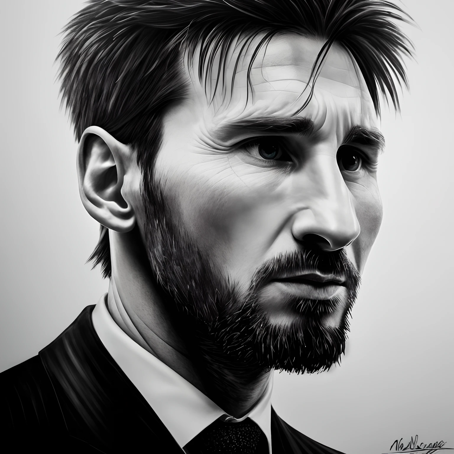 A mesmerizing charcoal art portrayal of Lionel Messi, meticulously crafted by the masterful Paul Lung. This masterpiece captures the very essence of Messi's genius—his intense determination etched into each line. The headshot focuses on his piercing eyes, echoing the weight of his Ballon d'Or victories. He stands confidently in a tailored suit, exuding timeless elegance, while the artistry showcases the intricate dance between light and shadow