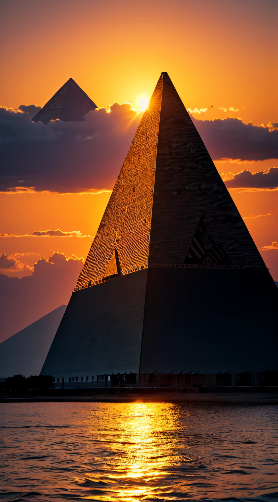 The impressive silhouette of a pyramid against a sunset sky.