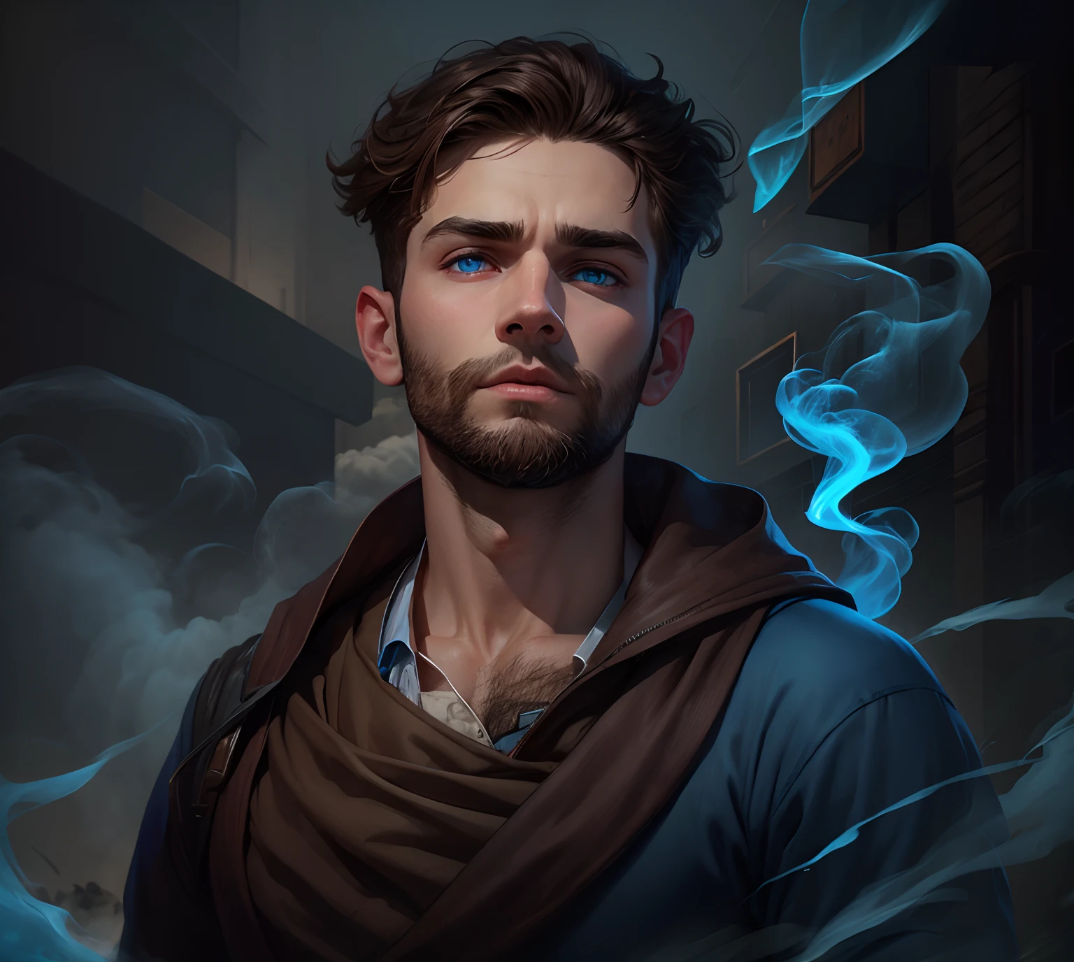Without beard serious boy, brown hair,blue laser eyes, background full blue smoke