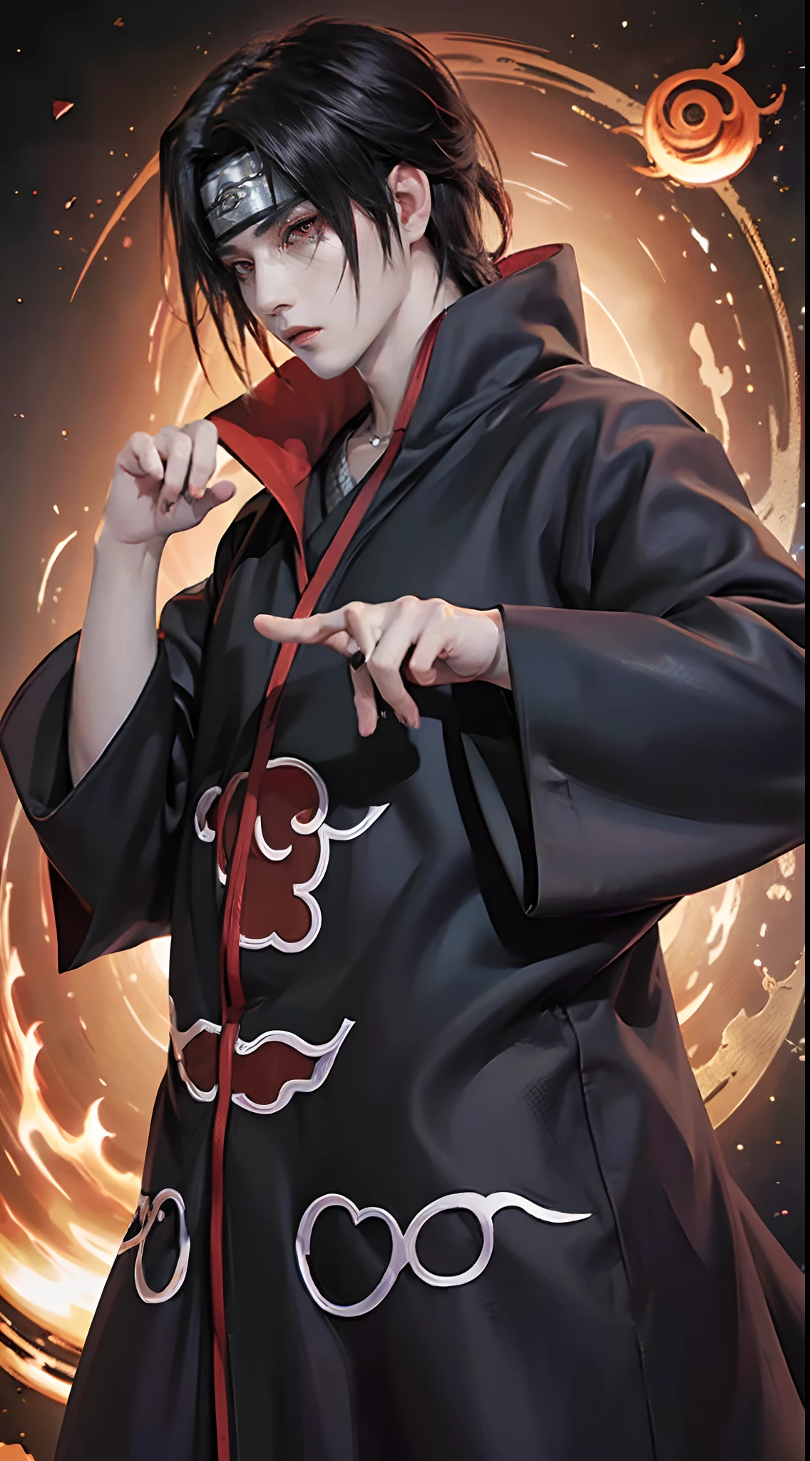 ((4K works))、masterpiece、(top-quality)、((high-level image quality))、((One Manly Boy))、Slim body、((Date Cosplay))、((Uchiha Itachi))、((Cosplay))、(Detailed beautiful eyes)、((Smaller face))、((Neutral face))、((Red Eyes))、((18year old))、((Handsome man))、((photo of a model))、((Like a celebrity))、Professional Photos、((cosplay foto))、((Shot alone))、((shot from a side angle))、((Naruto's Akatsuki Costume))、((Shinobi Pose))