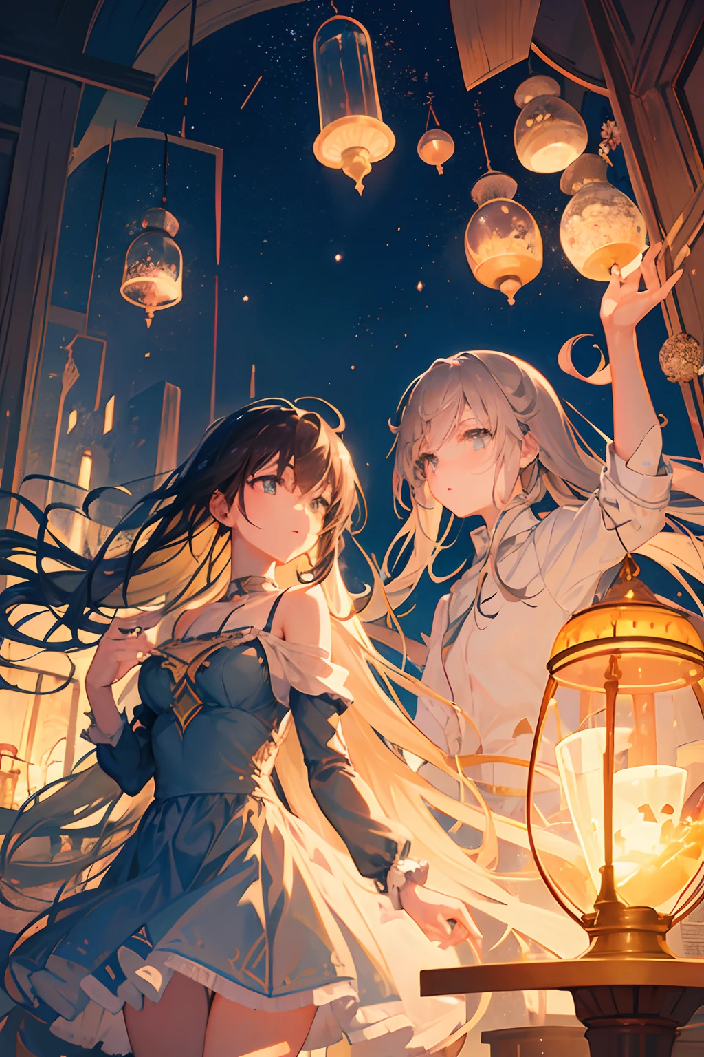Create exquisite illustrations reminiscent of Makoto Shinkai's style, It has ultra-fine details and top-notch quality. Create an illustration of a girl in an hourglass, Sand falls from above. The girl looks up at the falling sand, Surrounded by a nostalgic and fantastic atmosphere. The overall scene evokes a sense of wonder, eternity, And curiosity, Capture the enchanting sensation of being inside a magical hourglass.