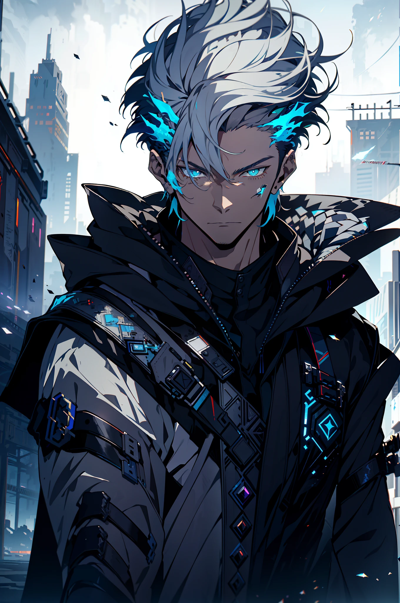 Cyberpunk male, fantasy world, dark background, clean design, epic instagram, artstation, colorful paint splatter, silhouette, hyper detailed intricate details, unreal engine, fantasy, intricate details, splash screen, complementary colors, Fantasy concept art, 8k resolution, deviantart masterpiece, oil painting, heavy strokes, paint dripping, (isolated on white background: 1.3), rainbow skin, (((handsome young man))), ((age:1.5) ), (glowing blue eyes), ((light eyes)), ((((short white hair: 1.1))), ((black clothes)), (prince\\(indifferent expression\\),, ( ((Wears high detail luxurious black robe))), white hair, frost magic, ((chest) --v 6